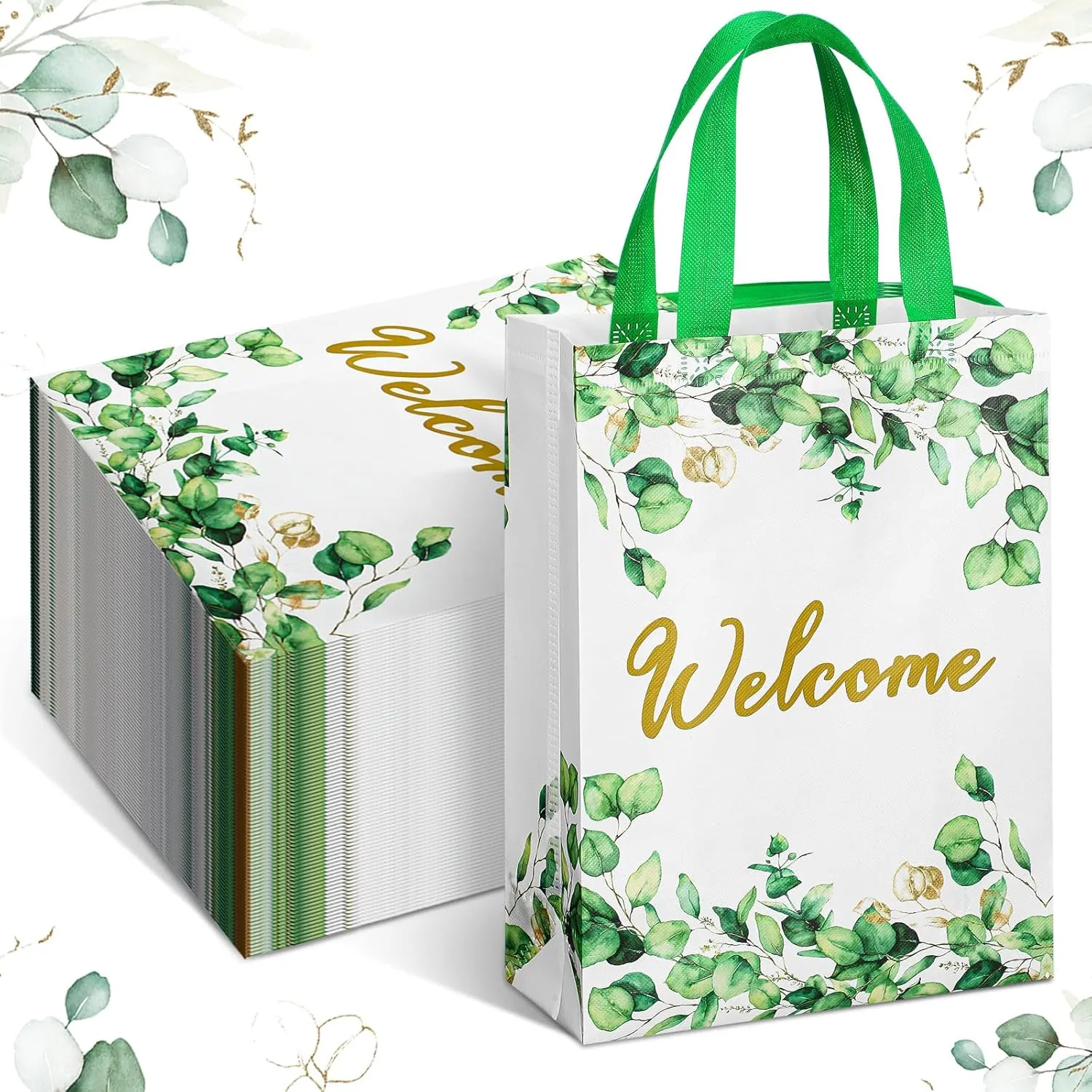 Sweetude 50 Pcs 12 x 9 x 4 Inches Welcome Bags Gift for Wedding Guests Bulk, Reusable Non Woven Eucalyptus Green Welcome Tote Bags with Handles for Engagement Bridal Shower Birthday Party