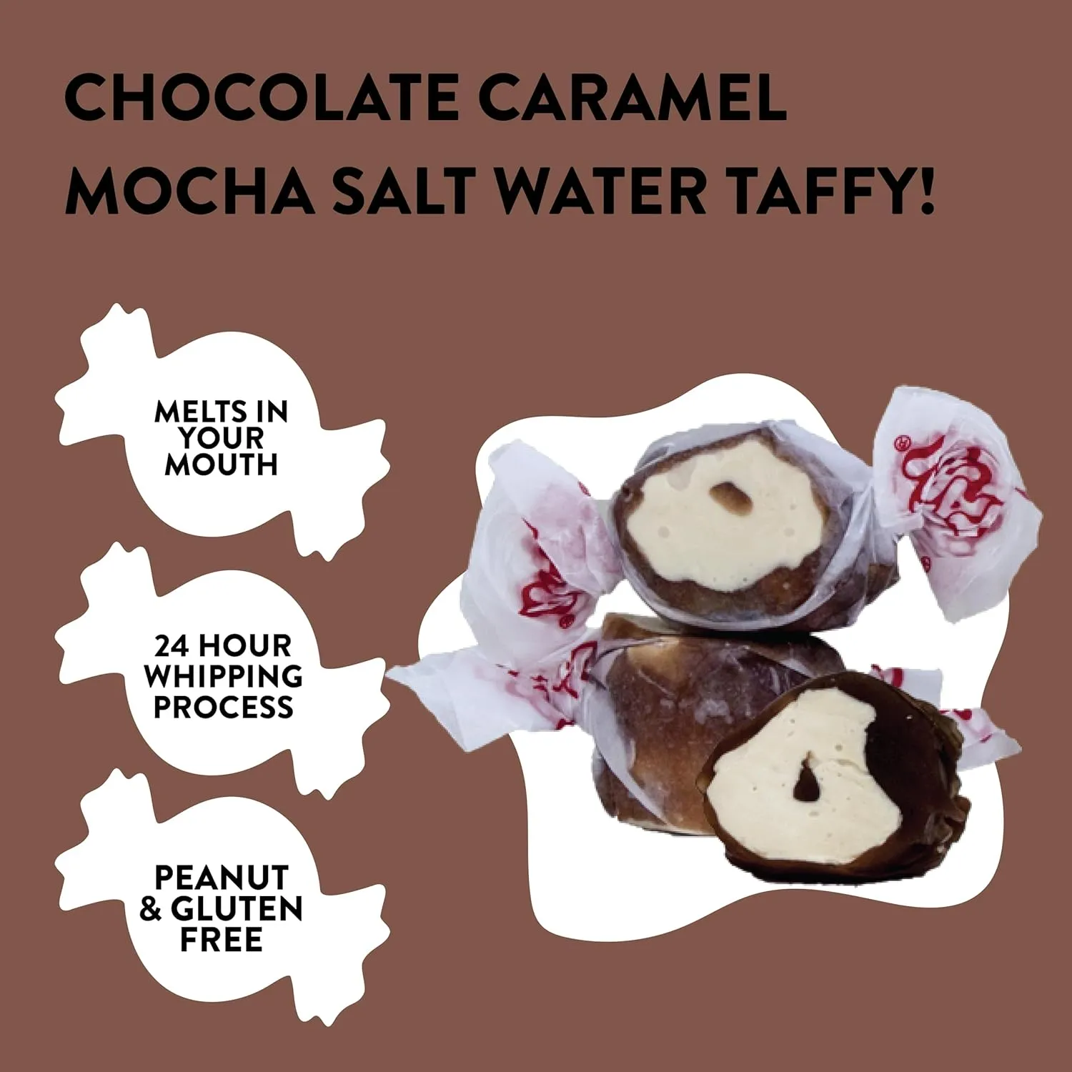 Taffy Town Saltwater Taffy- Chocolate Caramel Mocha | Gourmet Taffy| Nougat-Style Candy| Soft & Delicious| Sumer Snack Treats| Party Good Candies|