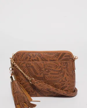 Tan Embossed Karen Crossbody Bag