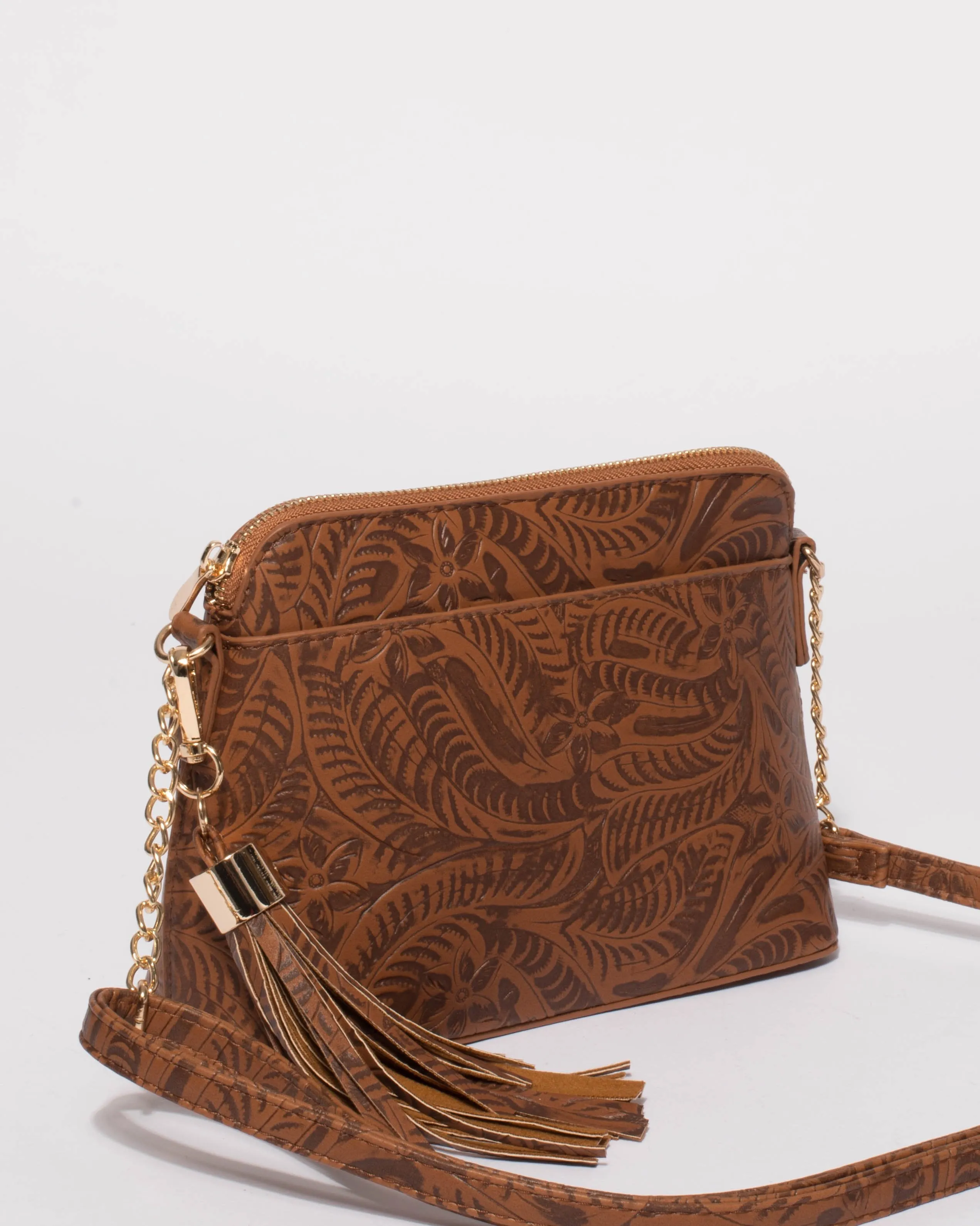 Tan Embossed Karen Crossbody Bag