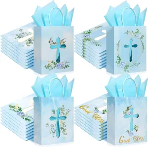 Thenshop 24 Pack Christian Gift Bags with Tissue Paper Baptism First Communion Party Supplies Christening Religious Gifts Bag with Handle for First Communion Baptism Church Party Favor(Blue)