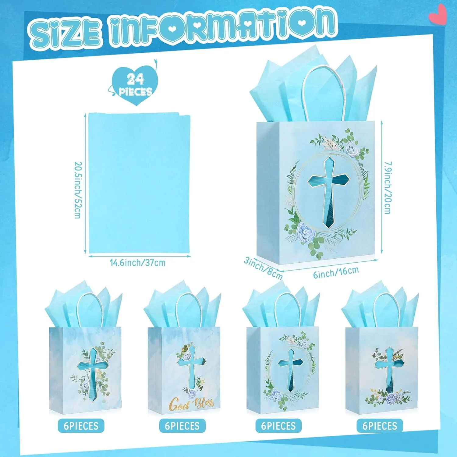 Thenshop 24 Pack Christian Gift Bags with Tissue Paper Baptism First Communion Party Supplies Christening Religious Gifts Bag with Handle for First Communion Baptism Church Party Favor(Blue)