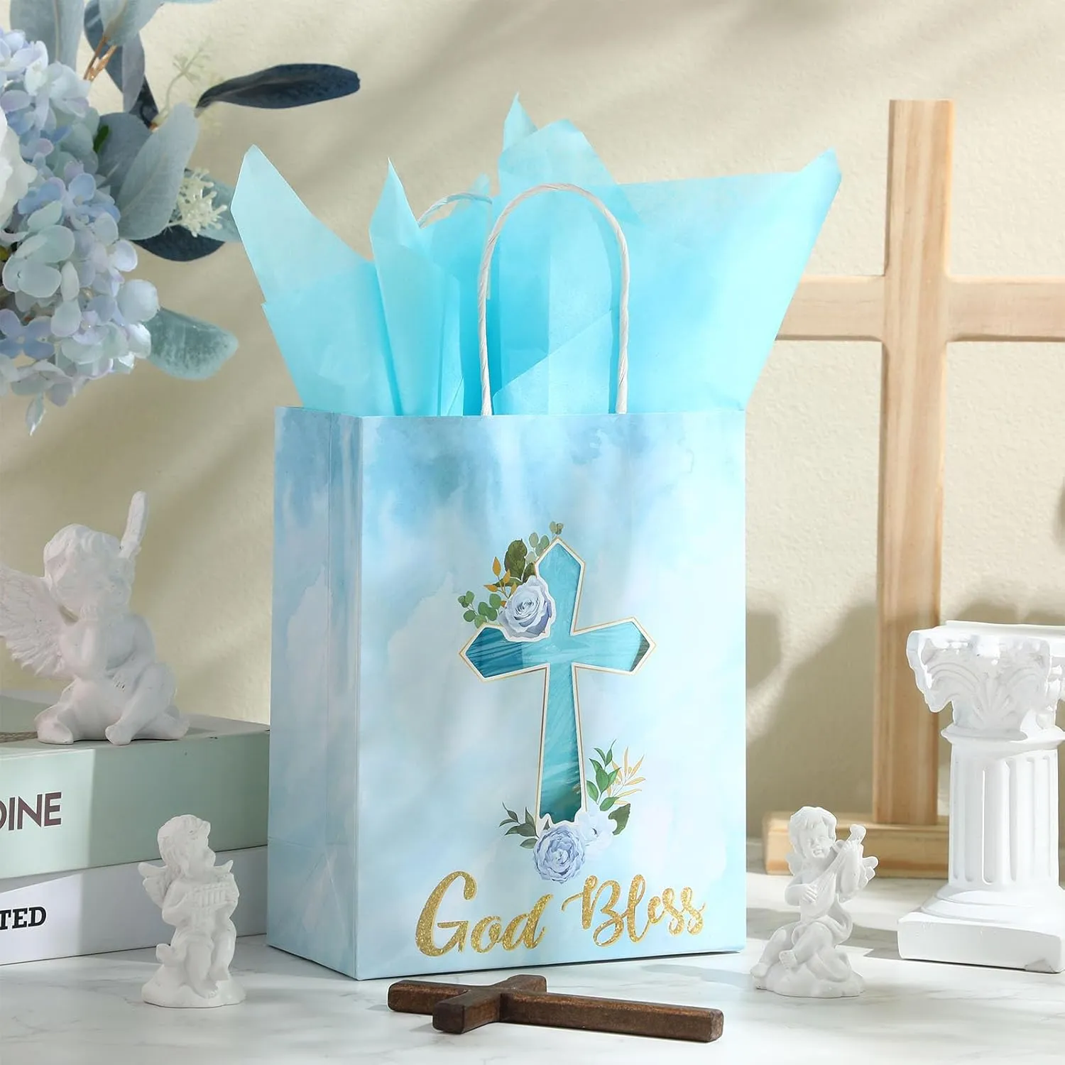 Thenshop 24 Pack Christian Gift Bags with Tissue Paper Baptism First Communion Party Supplies Christening Religious Gifts Bag with Handle for First Communion Baptism Church Party Favor(Blue)