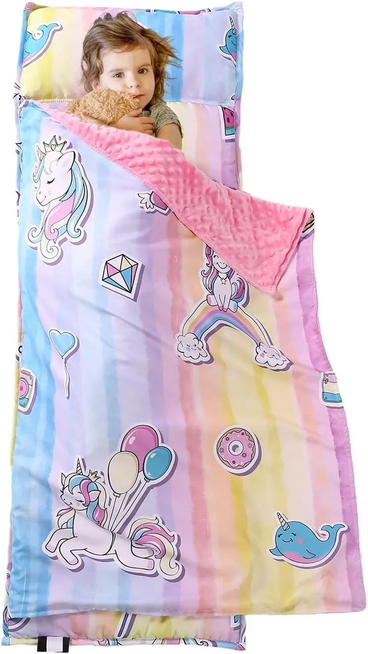 Toddler Nap Mat with Removable Pillow and Minky Blanket,Soft Rolled Napping Mats for Boys and Girls,Lightweight Daycare,Preschool,Travel Toddler Sleeping Slumber Bags-50×20”(Unicorn)