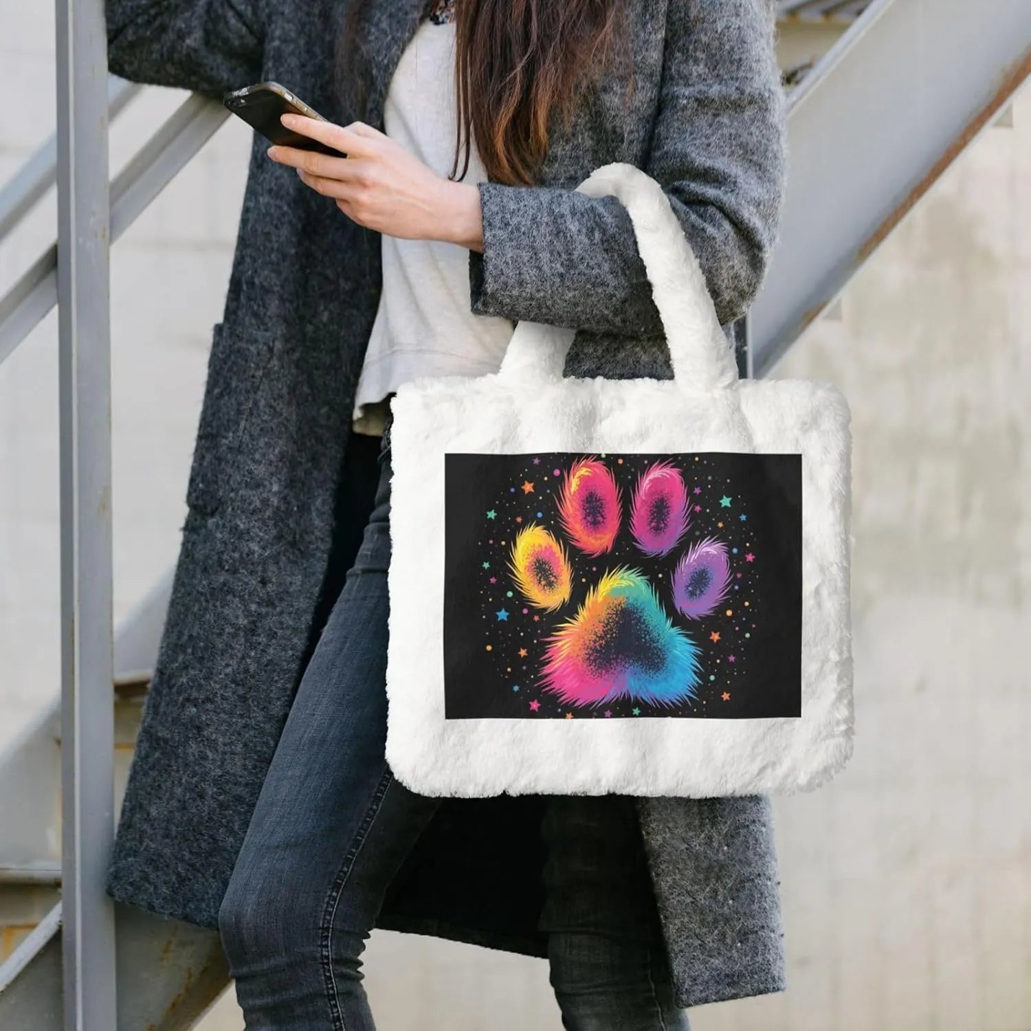 Tote Bag for Women Soft Winter Fluffy Fuzzy Furry Plush Top Handle Purse and Handbag
