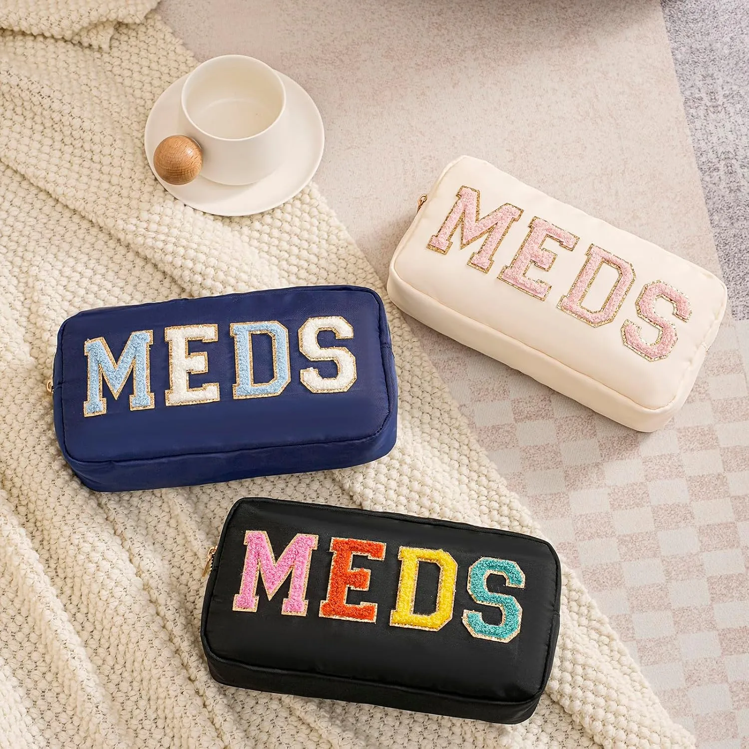 uekeboag Personalized Chenille Letter Patch MEDS Bag,Cute Nylon Drug Medicine Travel Makeup Bag with Zipper, Preppy Vitamin Organizer Bag for Women and Girls (04 Navy)