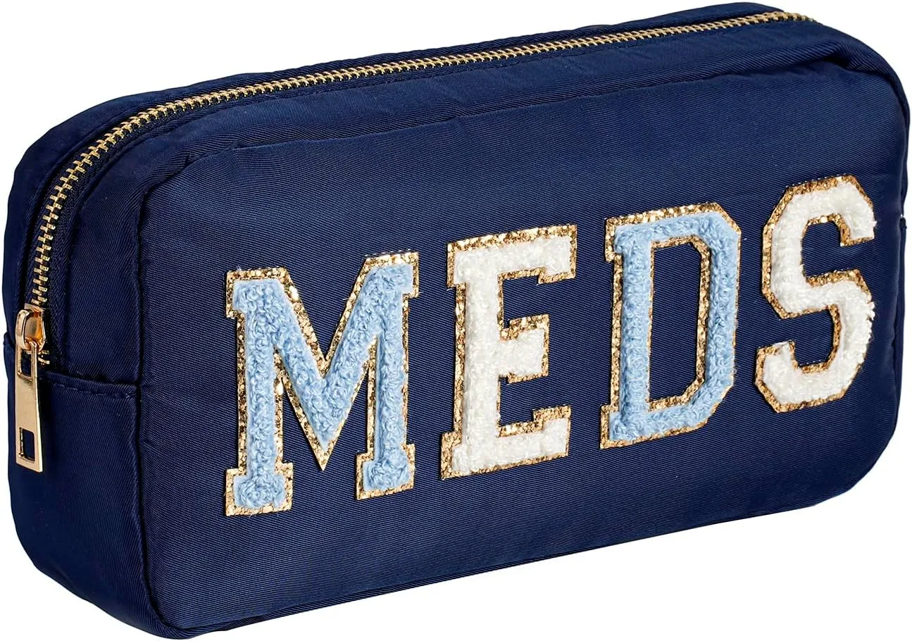uekeboag Personalized Chenille Letter Patch MEDS Bag,Cute Nylon Drug Medicine Travel Makeup Bag with Zipper, Preppy Vitamin Organizer Bag for Women and Girls (04 Navy)