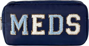 uekeboag Personalized Chenille Letter Patch MEDS Bag,Cute Nylon Drug Medicine Travel Makeup Bag with Zipper, Preppy Vitamin Organizer Bag for Women and Girls (04 Navy)