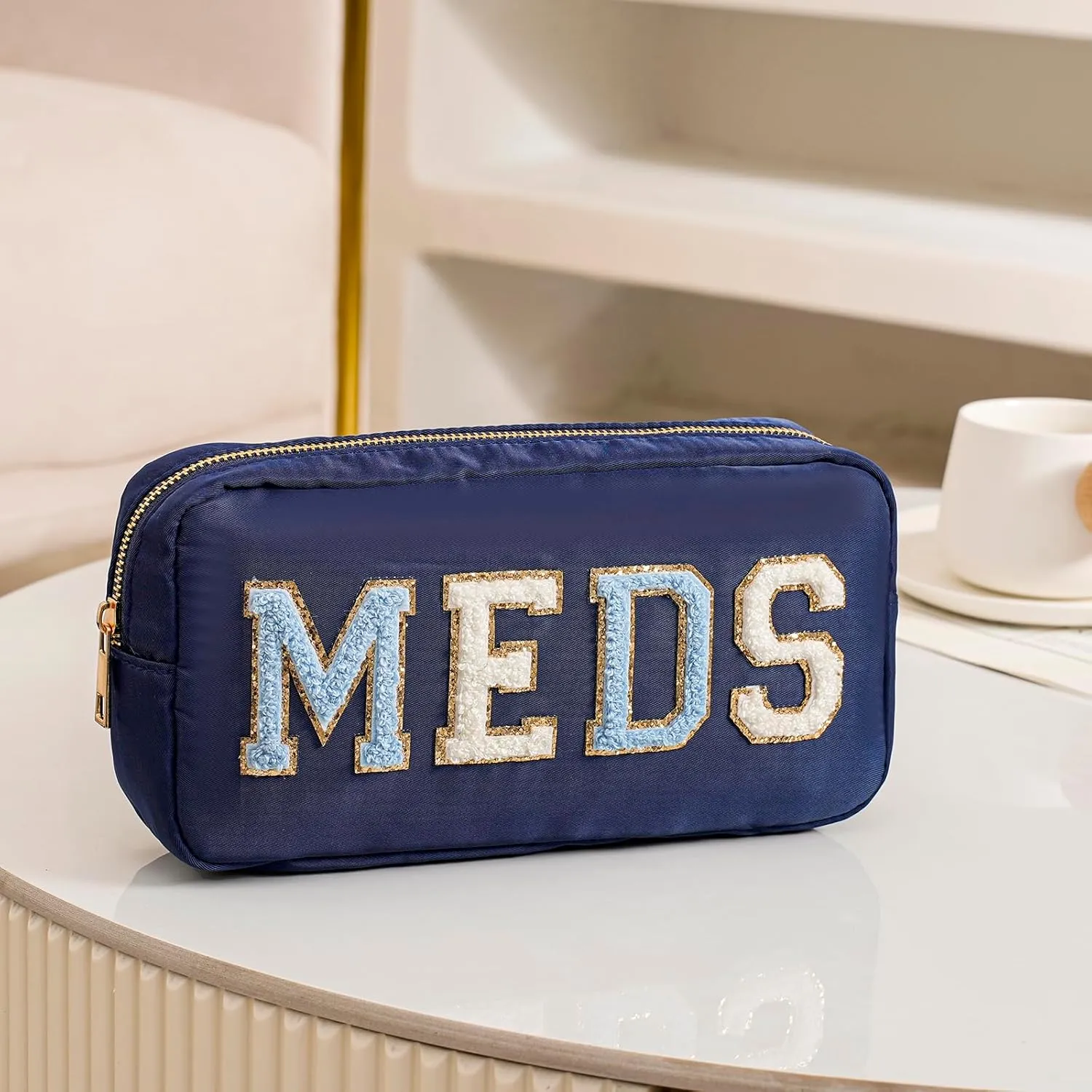 uekeboag Personalized Chenille Letter Patch MEDS Bag,Cute Nylon Drug Medicine Travel Makeup Bag with Zipper, Preppy Vitamin Organizer Bag for Women and Girls (04 Navy)