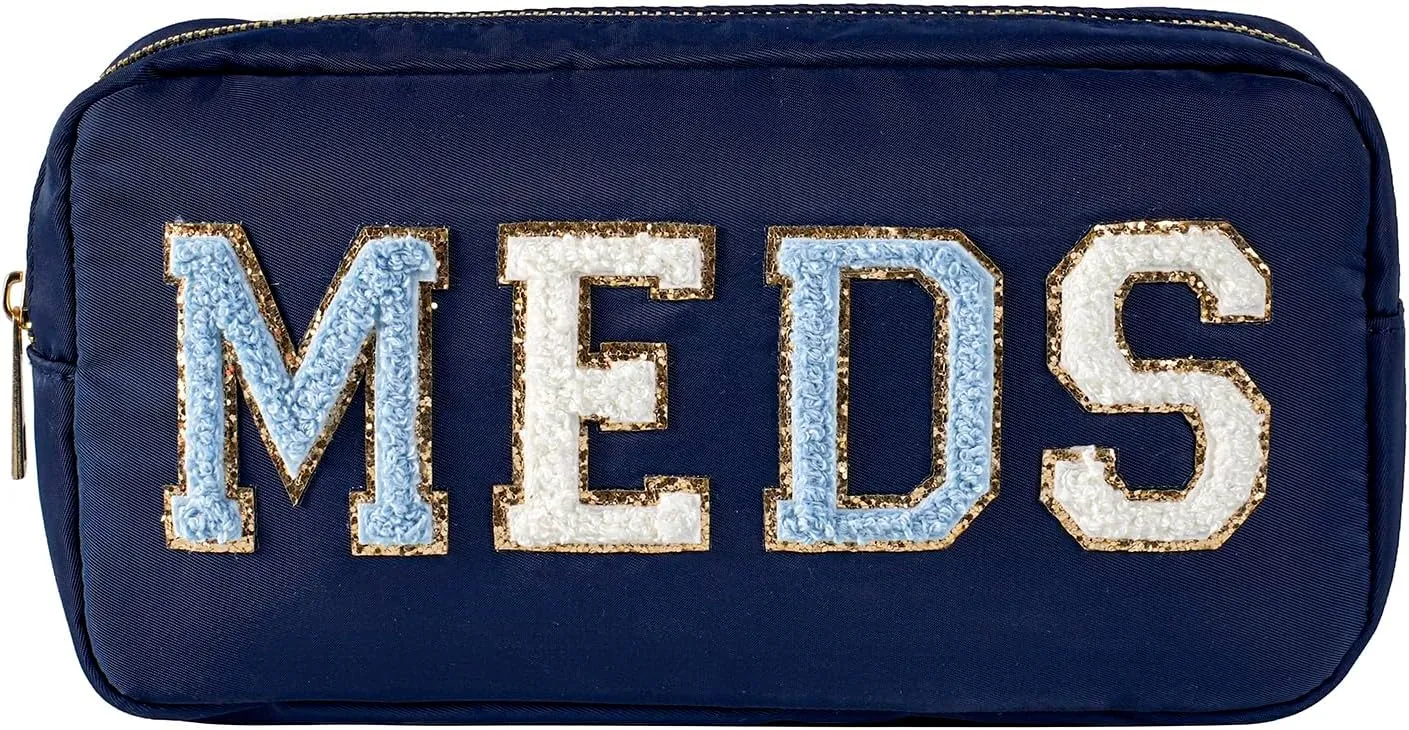 uekeboag Personalized Chenille Letter Patch MEDS Bag,Cute Nylon Drug Medicine Travel Makeup Bag with Zipper, Preppy Vitamin Organizer Bag for Women and Girls (04 Navy)