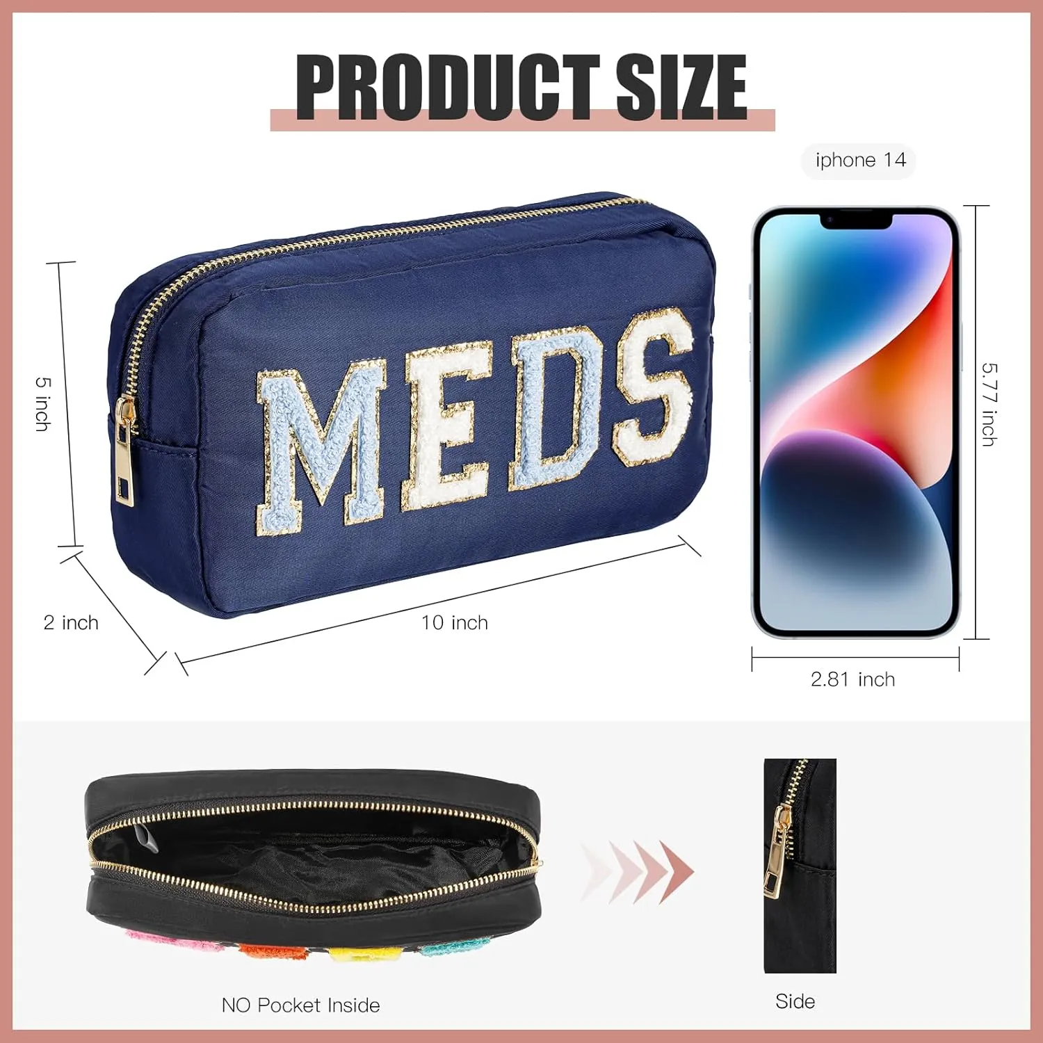 uekeboag Personalized Chenille Letter Patch MEDS Bag,Cute Nylon Drug Medicine Travel Makeup Bag with Zipper, Preppy Vitamin Organizer Bag for Women and Girls (04 Navy)