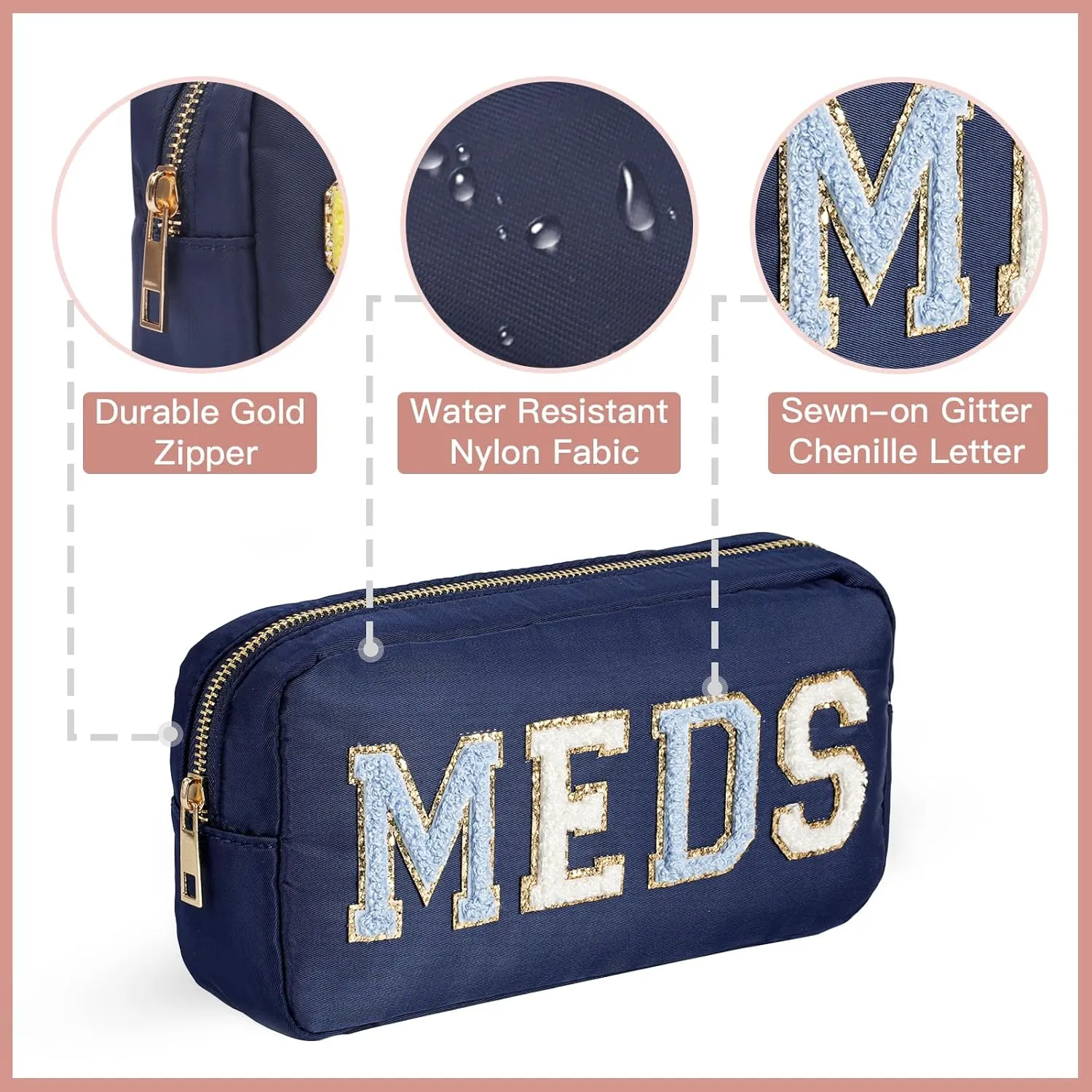 uekeboag Personalized Chenille Letter Patch MEDS Bag,Cute Nylon Drug Medicine Travel Makeup Bag with Zipper, Preppy Vitamin Organizer Bag for Women and Girls (04 Navy)