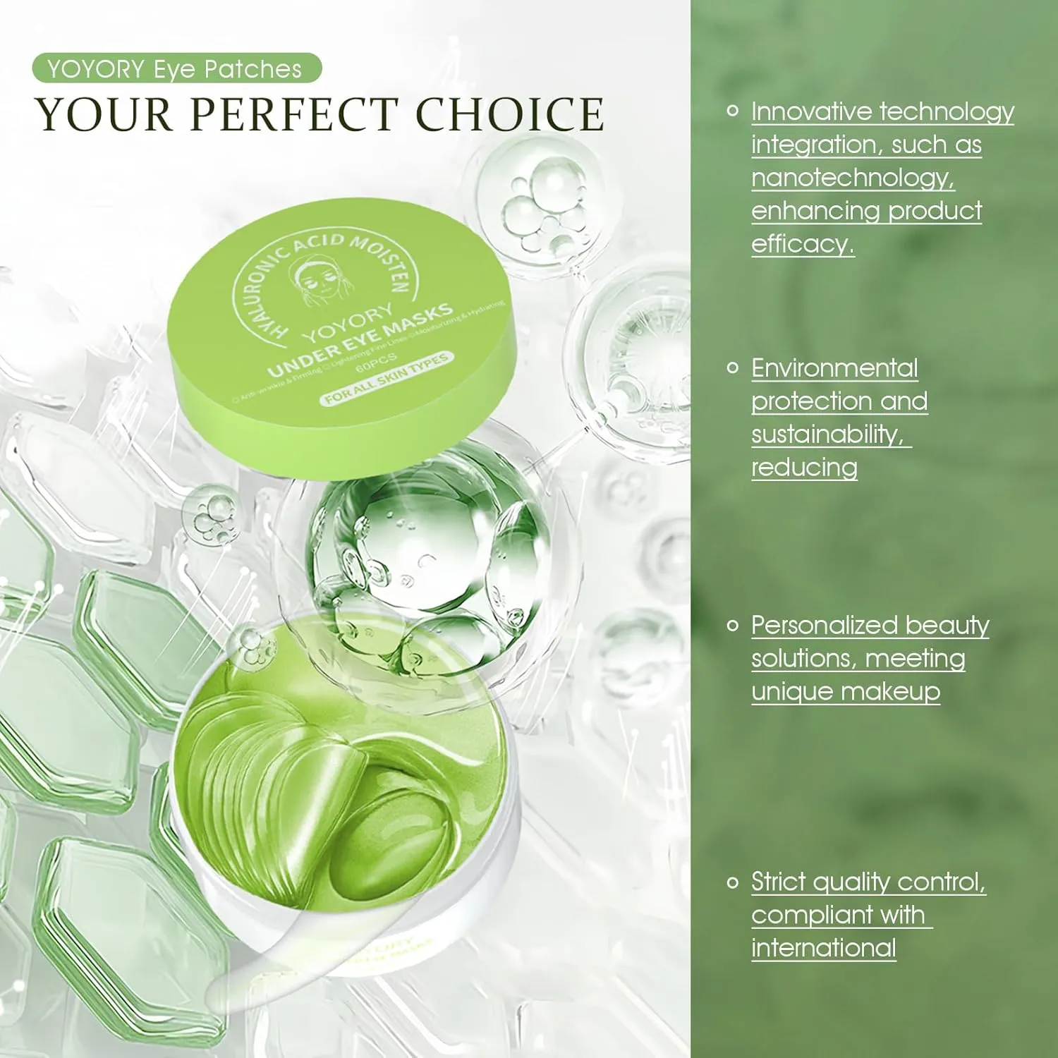 Under Eye Patches Masks - for Eye bags with Collagen and Hyaluronic Acid, Dark Circles,and Fine Lines, puffiness Smoothing Skin Care Treatment for Women and Men, (60 Pcs) Green