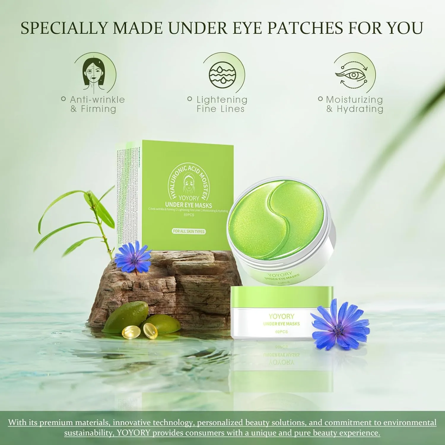 Under Eye Patches Masks - for Eye bags with Collagen and Hyaluronic Acid, Dark Circles,and Fine Lines, puffiness Smoothing Skin Care Treatment for Women and Men, (60 Pcs) Green