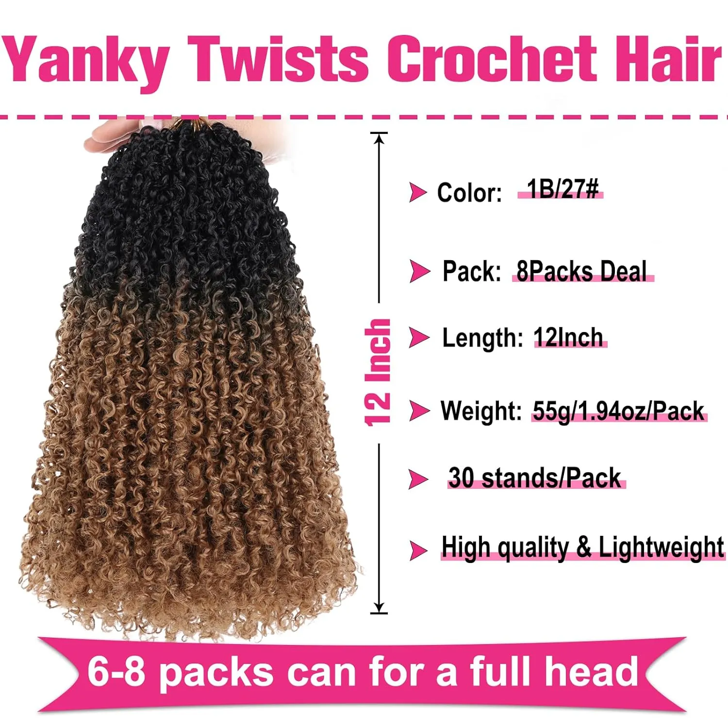 Unionbeauty 12 Inch Pre-twisted Yanky Twist Crochet Hair 8 Bundles Pre-looped Micro Spring Twist Hair Senegalese Twist Crochet Braids Hair with Bouncy Synthetic Marlybob Crochet Hair Extensions 1B/27#