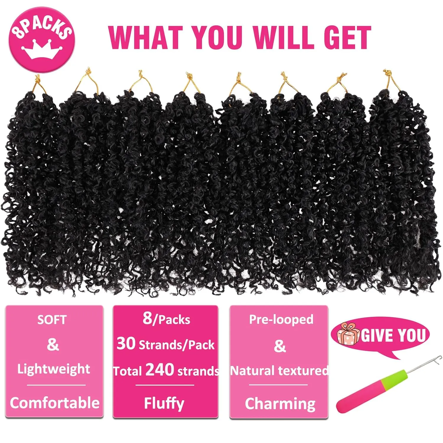 Unionbeauty 12 Inch Yanky Twist Crochet Braids Hair 8Packs Natural Black Pre-twisted Micro Passion Twist Crochet Hair Pre-looped Micro Spring Twist Crochet Braids Synthetic Crochet Hair Extensions 1B#