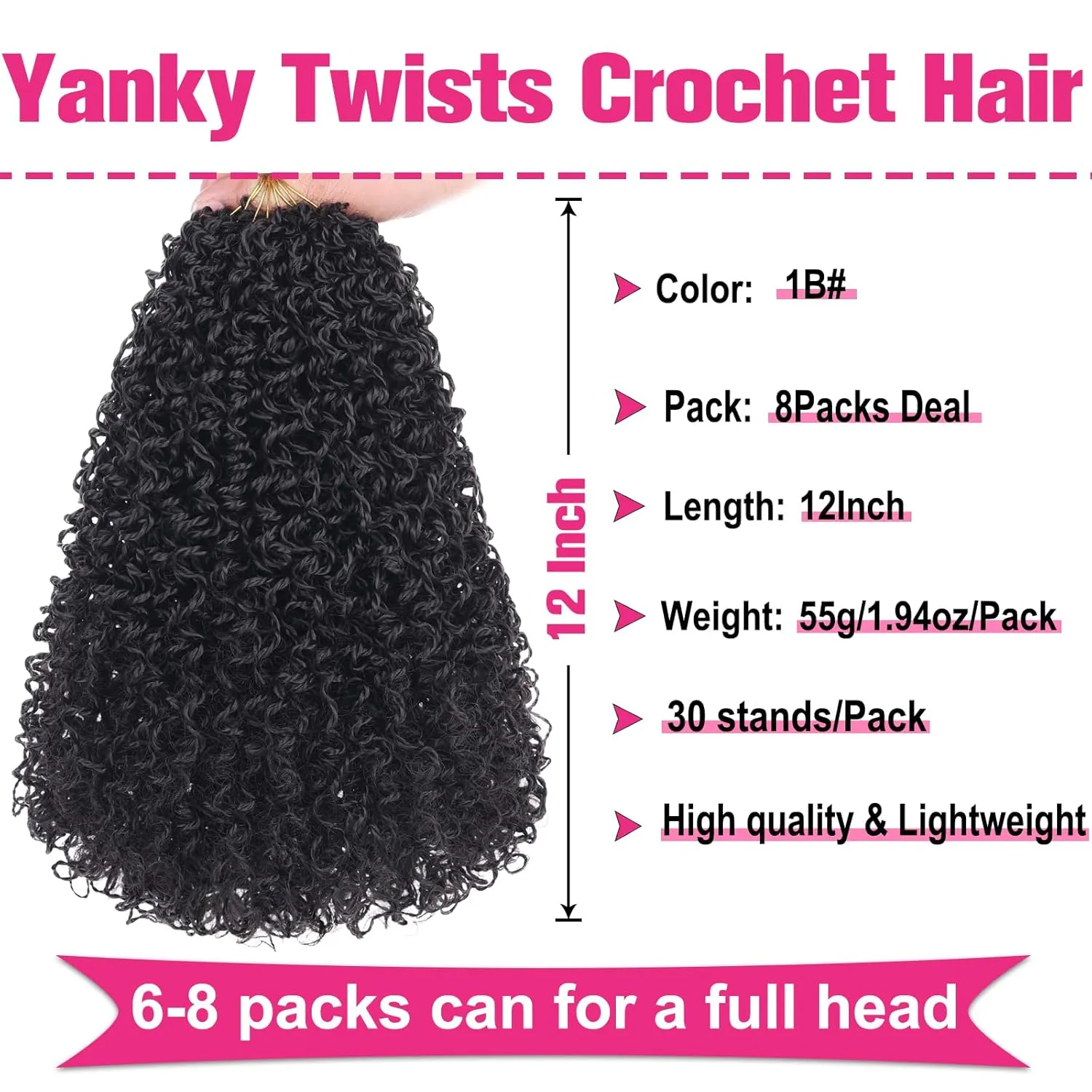 Unionbeauty 12 Inch Yanky Twist Crochet Braids Hair 8Packs Natural Black Pre-twisted Micro Passion Twist Crochet Hair Pre-looped Micro Spring Twist Crochet Braids Synthetic Crochet Hair Extensions 1B#