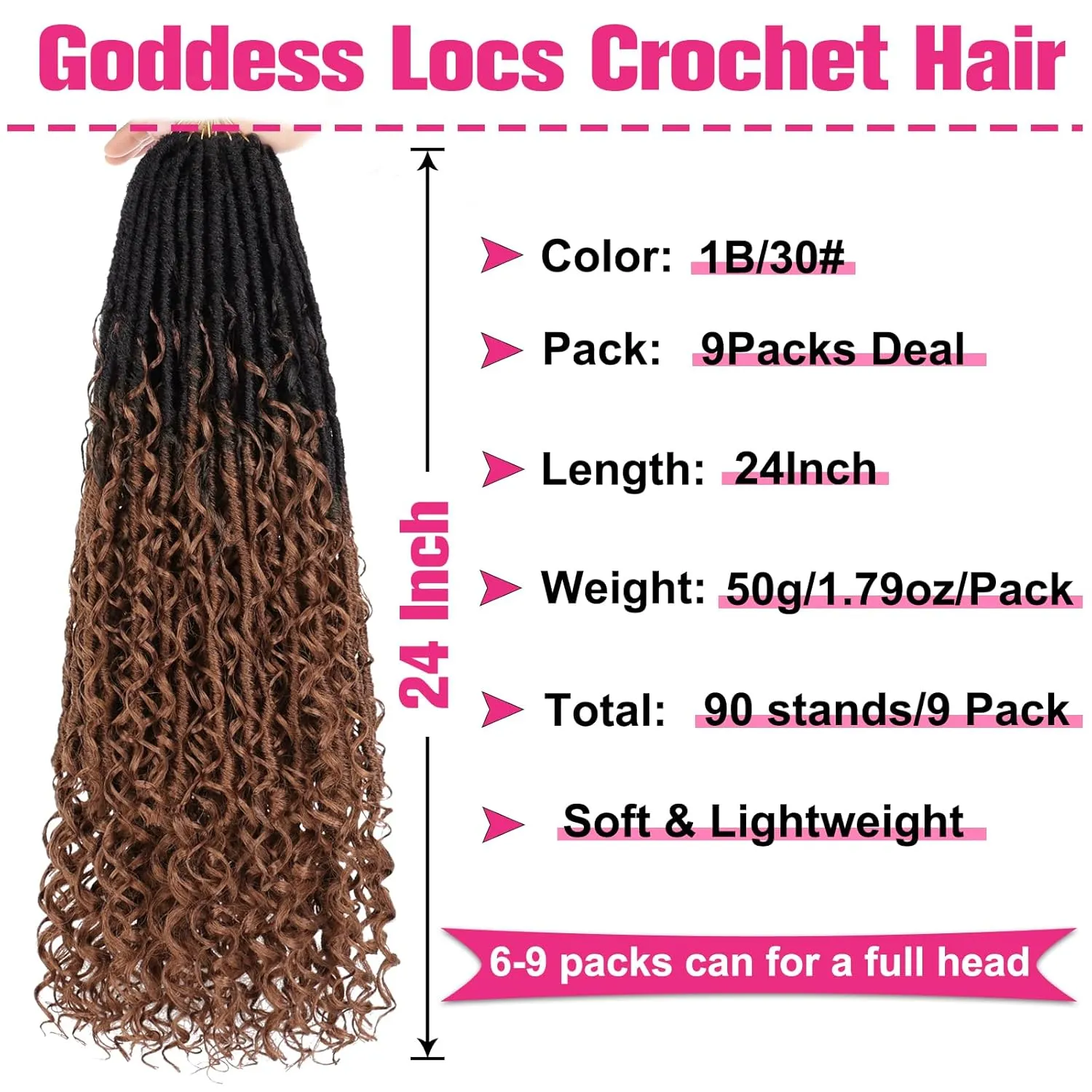 Unionbeauty 24 Inch Goddess Locs Crochet Hair 9 Packs Pre-looped Boho Faux Locs Soft Crochet Hair with Curly Ends River Locs Crochet Braids Synthetic Crochet Hair Extensions For Women 1B/30#