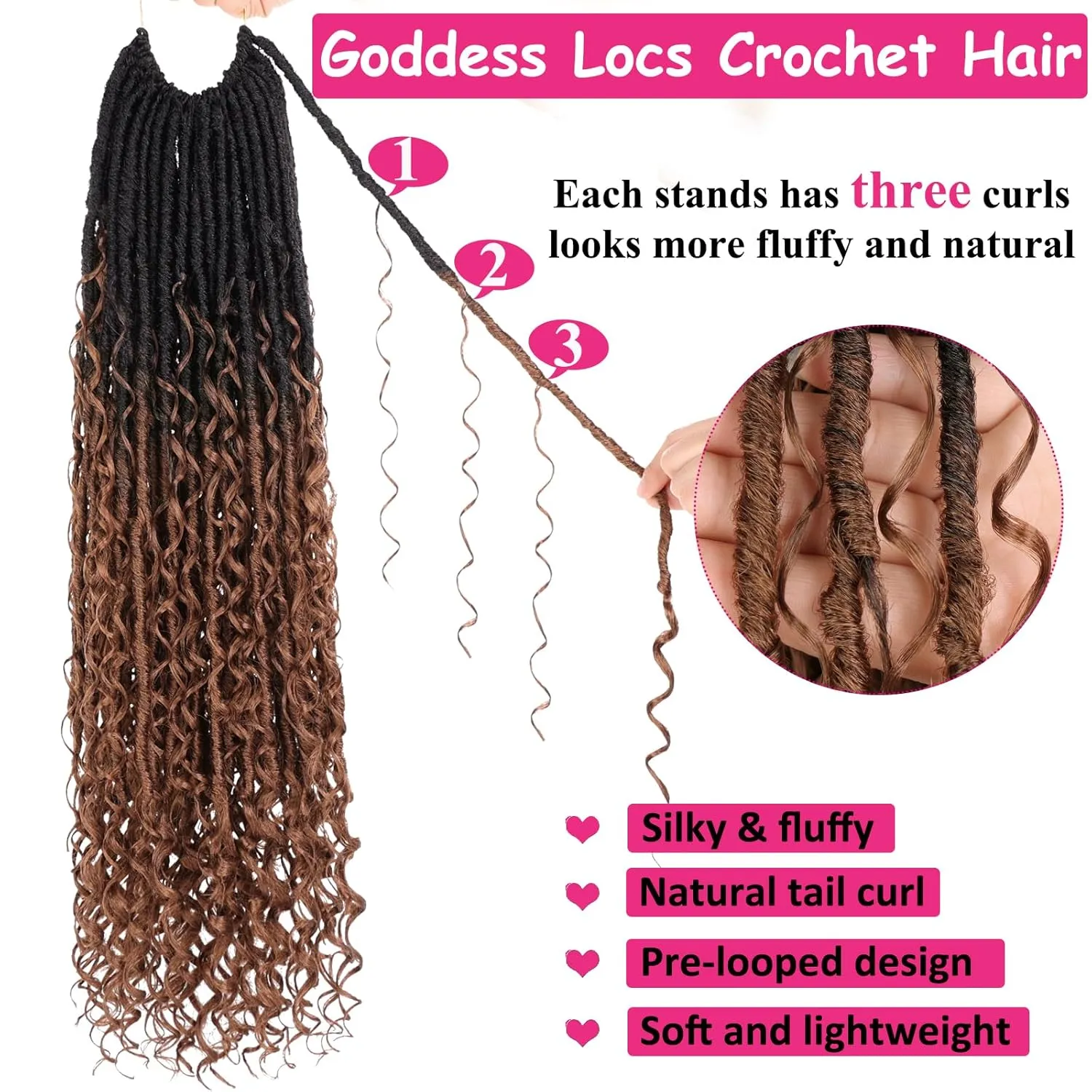 Unionbeauty 24 Inch Goddess Locs Crochet Hair 9 Packs Pre-looped Boho Faux Locs Soft Crochet Hair with Curly Ends River Locs Crochet Braids Synthetic Crochet Hair Extensions For Women 1B/30#