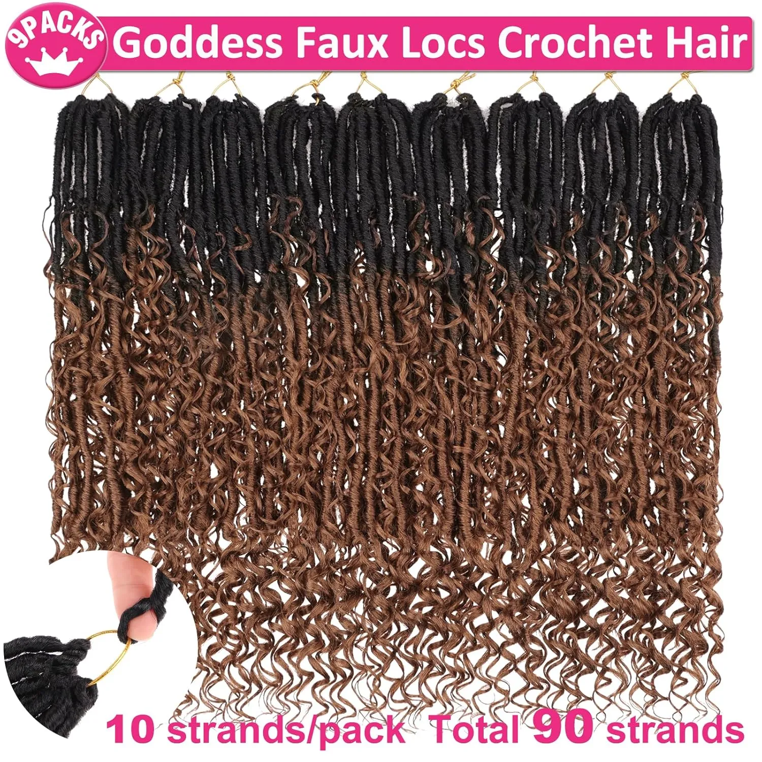 Unionbeauty 24 Inch Goddess Locs Crochet Hair 9 Packs Pre-looped Boho Faux Locs Soft Crochet Hair with Curly Ends River Locs Crochet Braids Synthetic Crochet Hair Extensions For Women 1B/30#