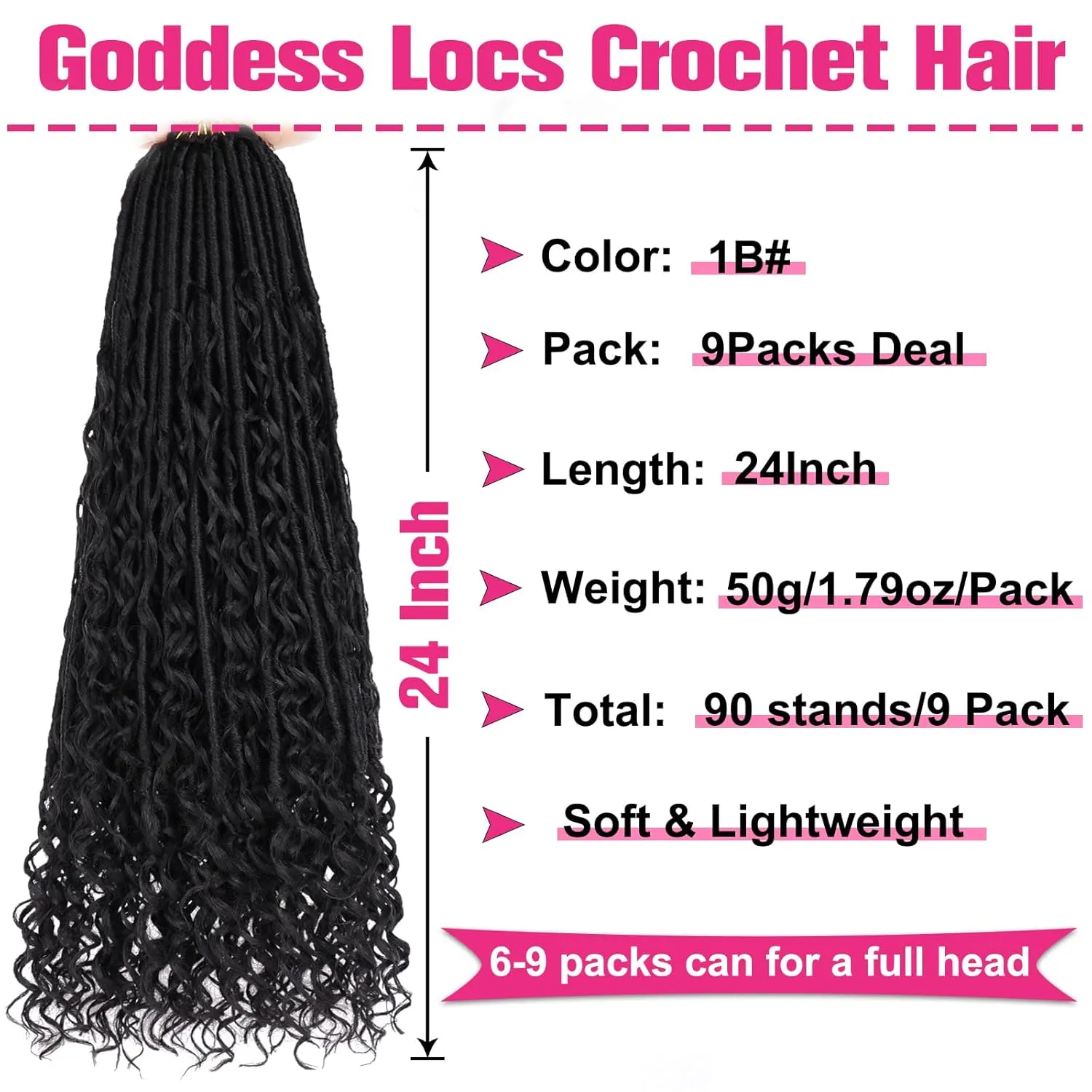 Unionbeauty Pre Looped Goddess Locs Crochet Hair 24 Inch 9 Packs Goddess Faux Locs with Curly Ends Black Boho Locs Crochet Hair Synthetic River Locs Crochet Hair Extensions For Women 1B#