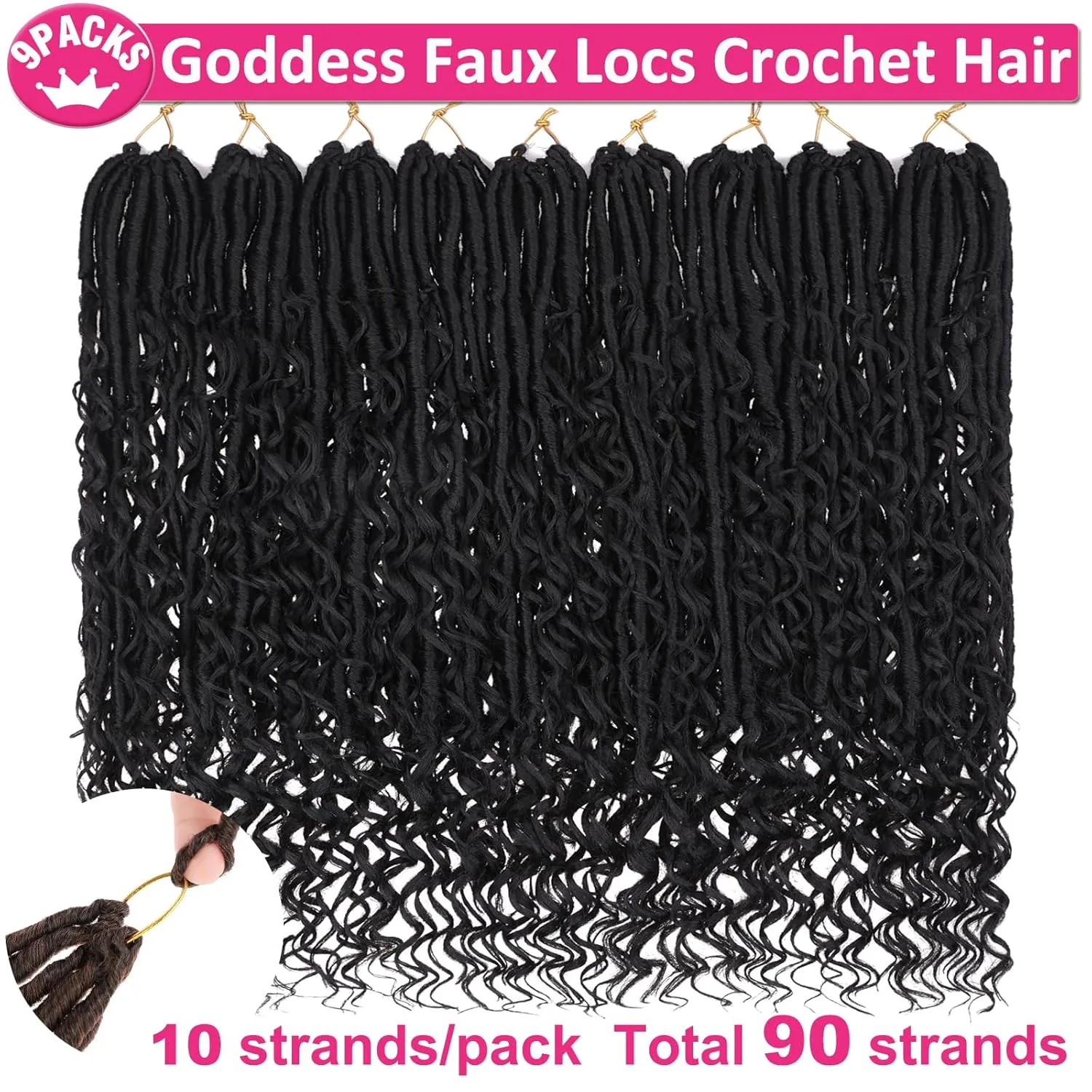 Unionbeauty Pre Looped Goddess Locs Crochet Hair 24 Inch 9 Packs Goddess Faux Locs with Curly Ends Black Boho Locs Crochet Hair Synthetic River Locs Crochet Hair Extensions For Women 1B#