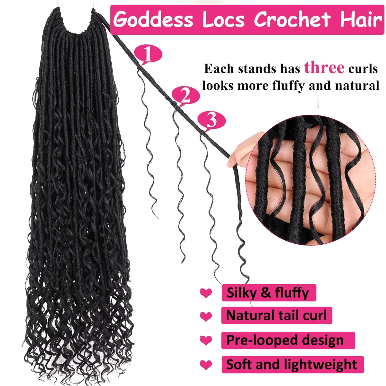Unionbeauty Pre Looped Goddess Locs Crochet Hair 24 Inch 9 Packs Goddess Faux Locs with Curly Ends Black Boho Locs Crochet Hair Synthetic River Locs Crochet Hair Extensions For Women 1B#