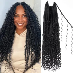 Unionbeauty Pre Looped Goddess Locs Crochet Hair 24 Inch 9 Packs Goddess Faux Locs with Curly Ends Black Boho Locs Crochet Hair Synthetic River Locs Crochet Hair Extensions For Women 1B#