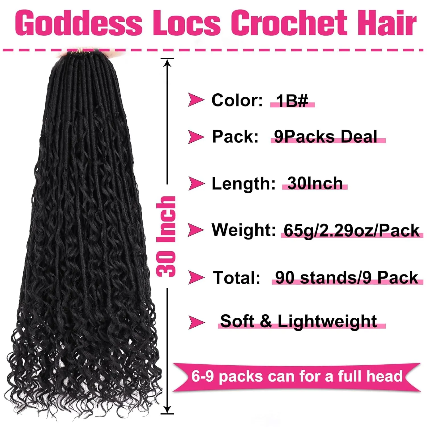 Unionbeauty Pre Looped Goddess Locs Crochet Hair 30 Inch 9 Packs Boho Goddess Faux Locs with Curly Ends Black River Locs Crochet Hair Synthetic Crochet Locs Hair Extensions For Women 1B#