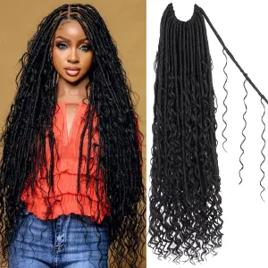 Unionbeauty Pre Looped Goddess Locs Crochet Hair 30 Inch 9 Packs Boho Goddess Faux Locs with Curly Ends Black River Locs Crochet Hair Synthetic Crochet Locs Hair Extensions For Women 1B#