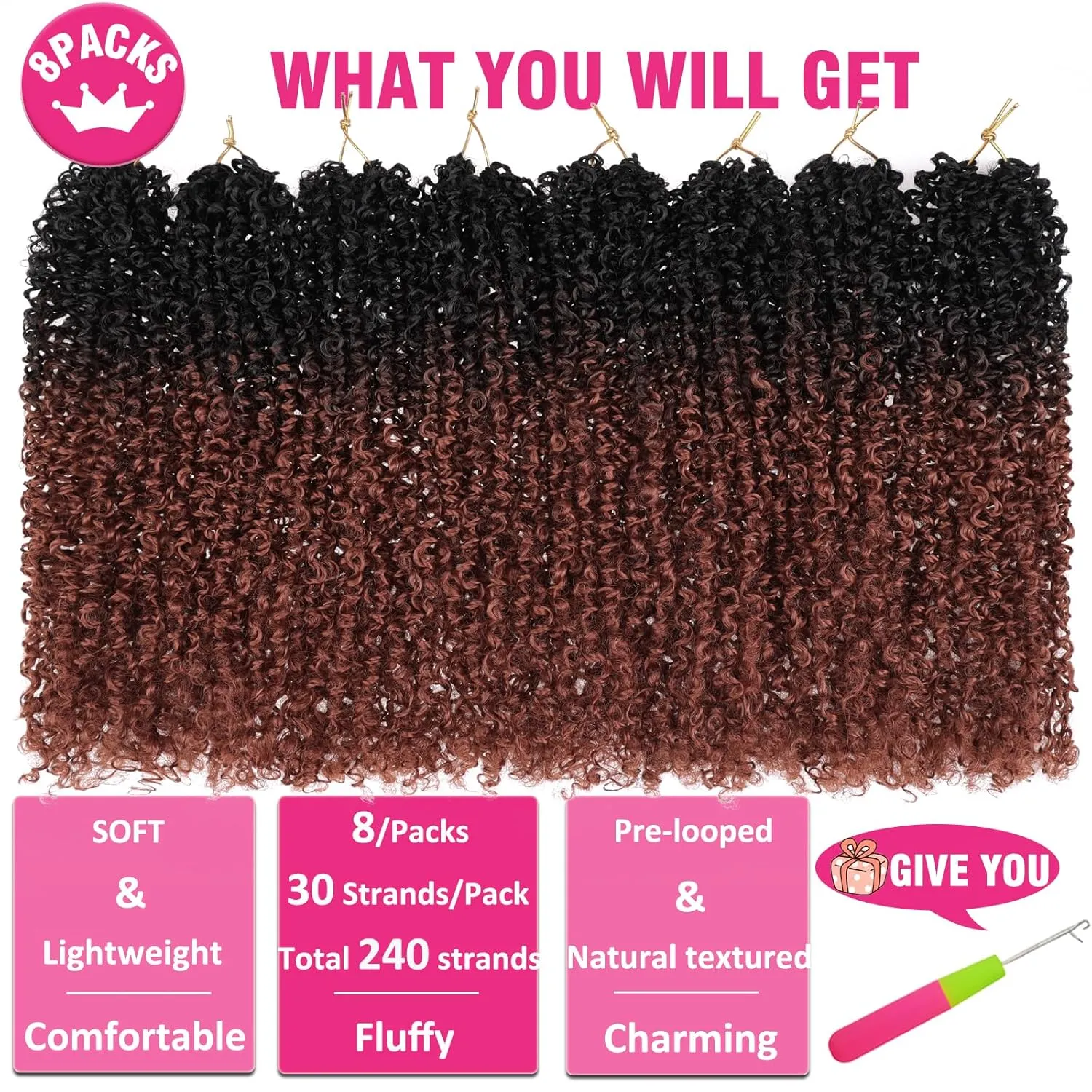 Unionbeauty Pre-looped Yanky Twists Crochet Braids Hair 12 Inch 8 PCS Copper Red Bohemian Pre-twisted Micro Passion Twist Hair Ginger Spring Twist with Bouncy Synthetic Crochet Hair Extensions 1B/350#