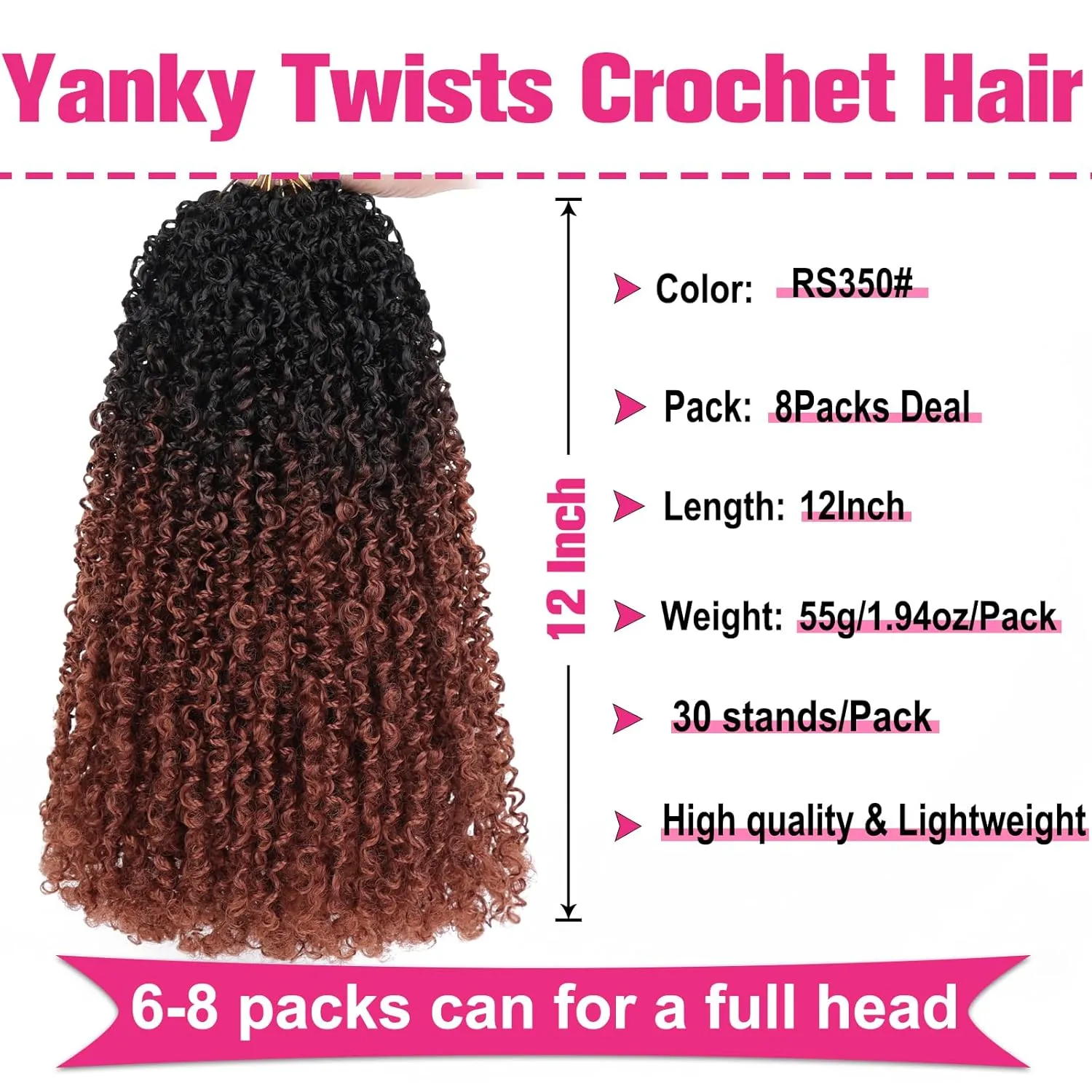 Unionbeauty Pre-looped Yanky Twists Crochet Braids Hair 12 Inch 8 PCS Copper Red Bohemian Pre-twisted Micro Passion Twist Hair Ginger Spring Twist with Bouncy Synthetic Crochet Hair Extensions 1B/350#