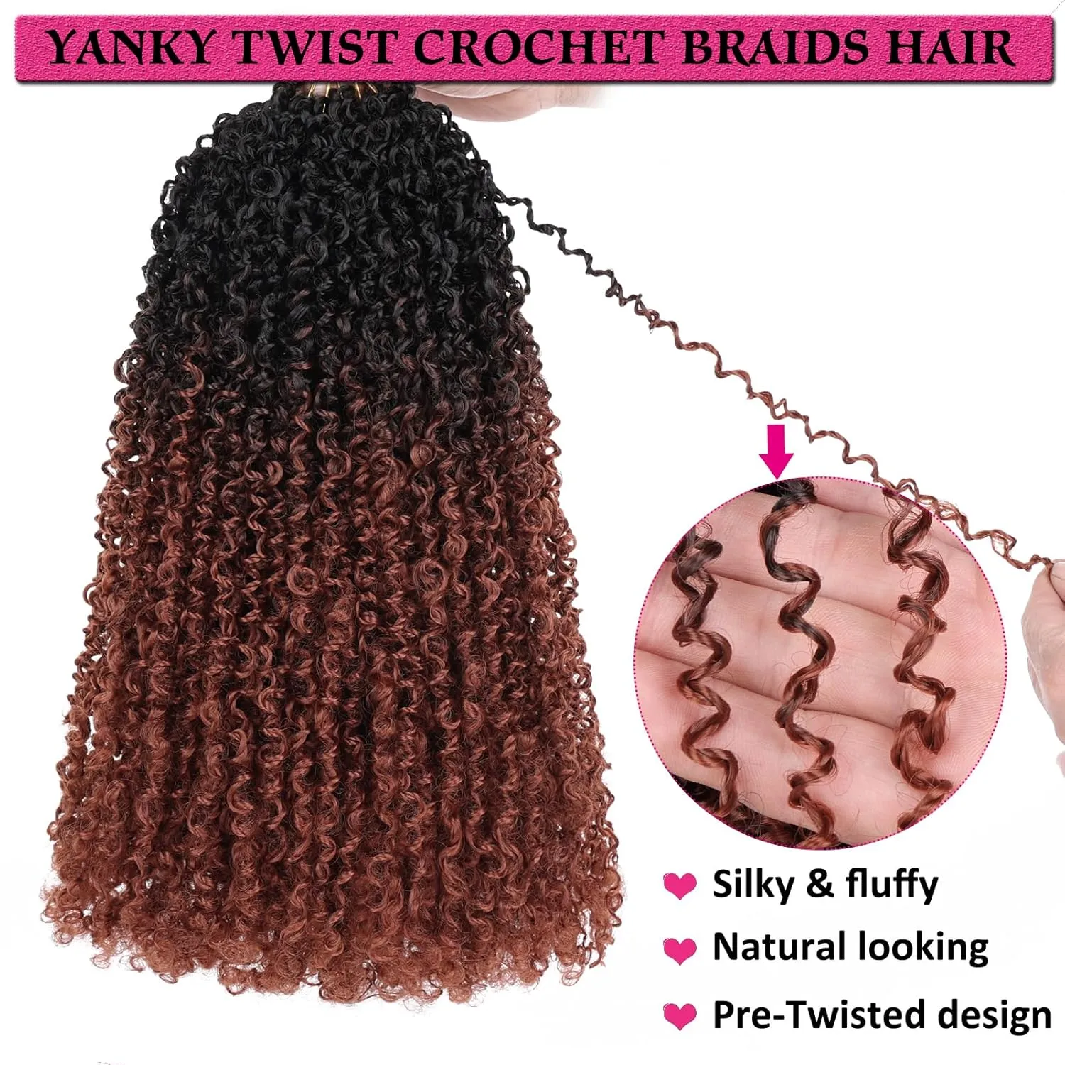 Unionbeauty Pre-looped Yanky Twists Crochet Braids Hair 12 Inch 8 PCS Copper Red Bohemian Pre-twisted Micro Passion Twist Hair Ginger Spring Twist with Bouncy Synthetic Crochet Hair Extensions 1B/350#