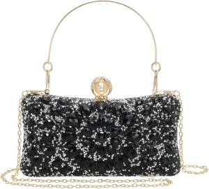 uxcell Evening Bags for Women, Sparkly Crystal Rhinestone Clutch Purse with 2 Chain Straps Handbags for Wedding Party Evening Weekend, Black