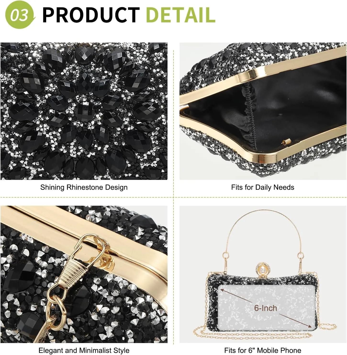 uxcell Evening Bags for Women, Sparkly Crystal Rhinestone Clutch Purse with 2 Chain Straps Handbags for Wedding Party Evening Weekend, Black