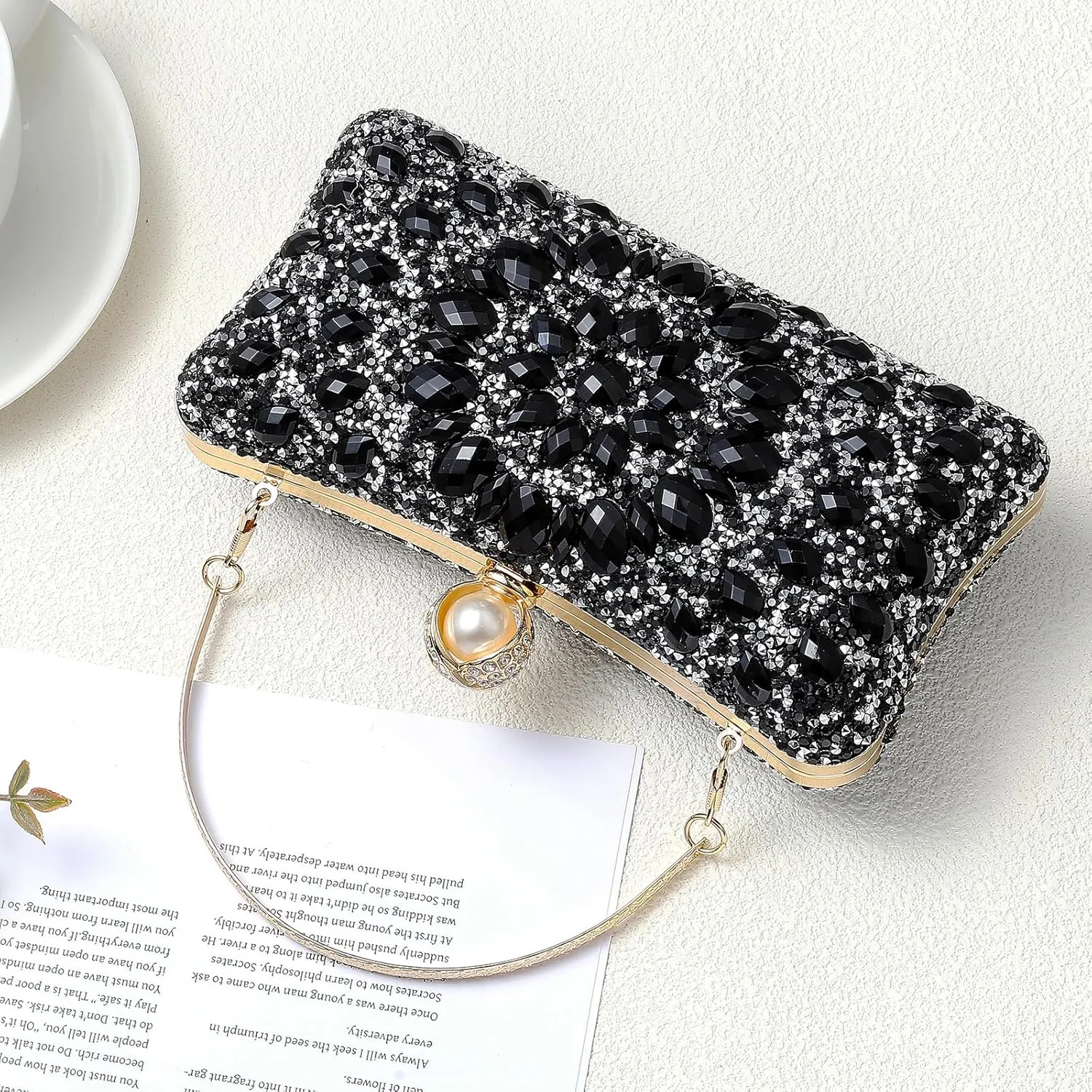 uxcell Evening Bags for Women, Sparkly Crystal Rhinestone Clutch Purse with 2 Chain Straps Handbags for Wedding Party Evening Weekend, Black