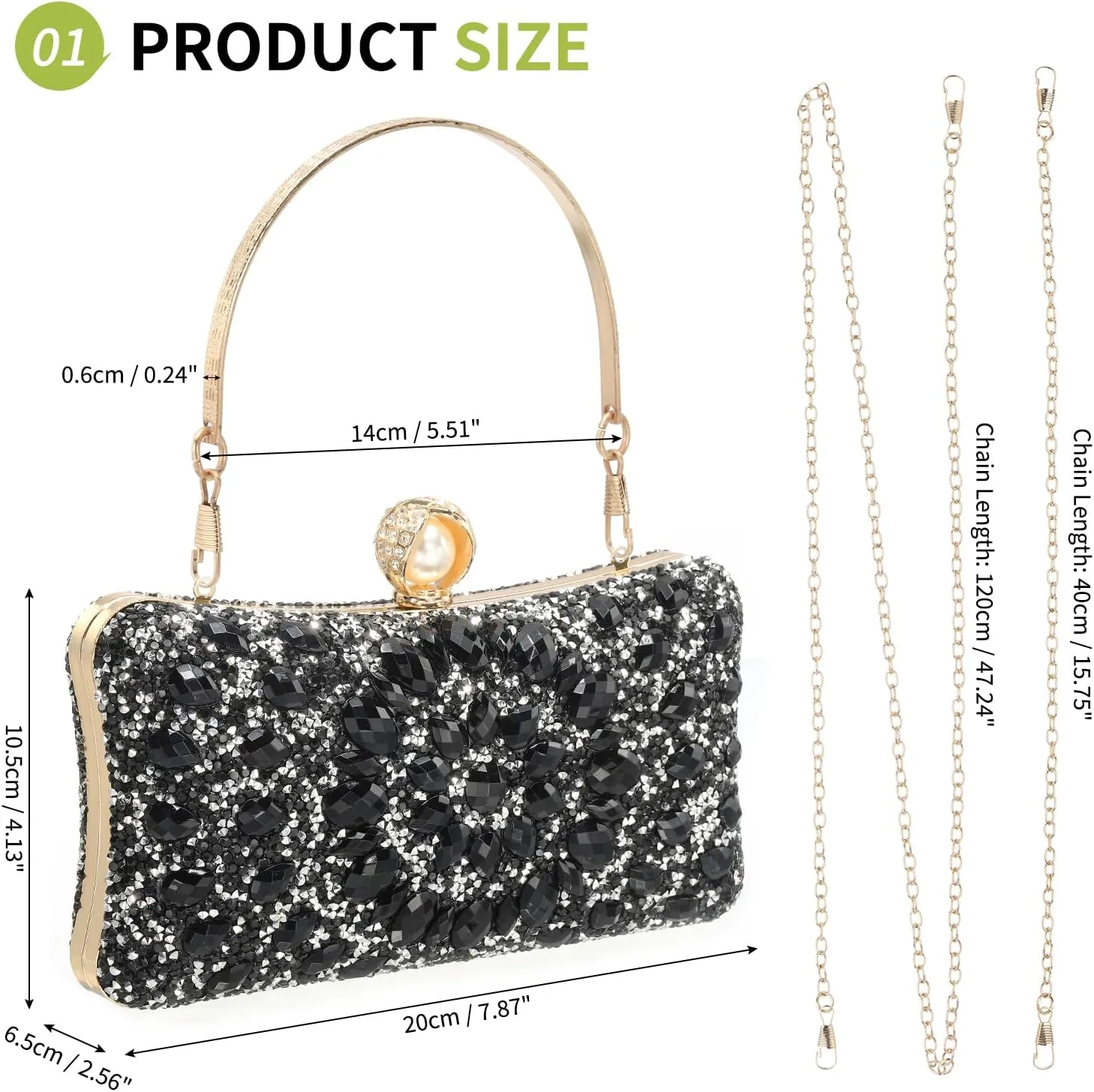 uxcell Evening Bags for Women, Sparkly Crystal Rhinestone Clutch Purse with 2 Chain Straps Handbags for Wedding Party Evening Weekend, Black
