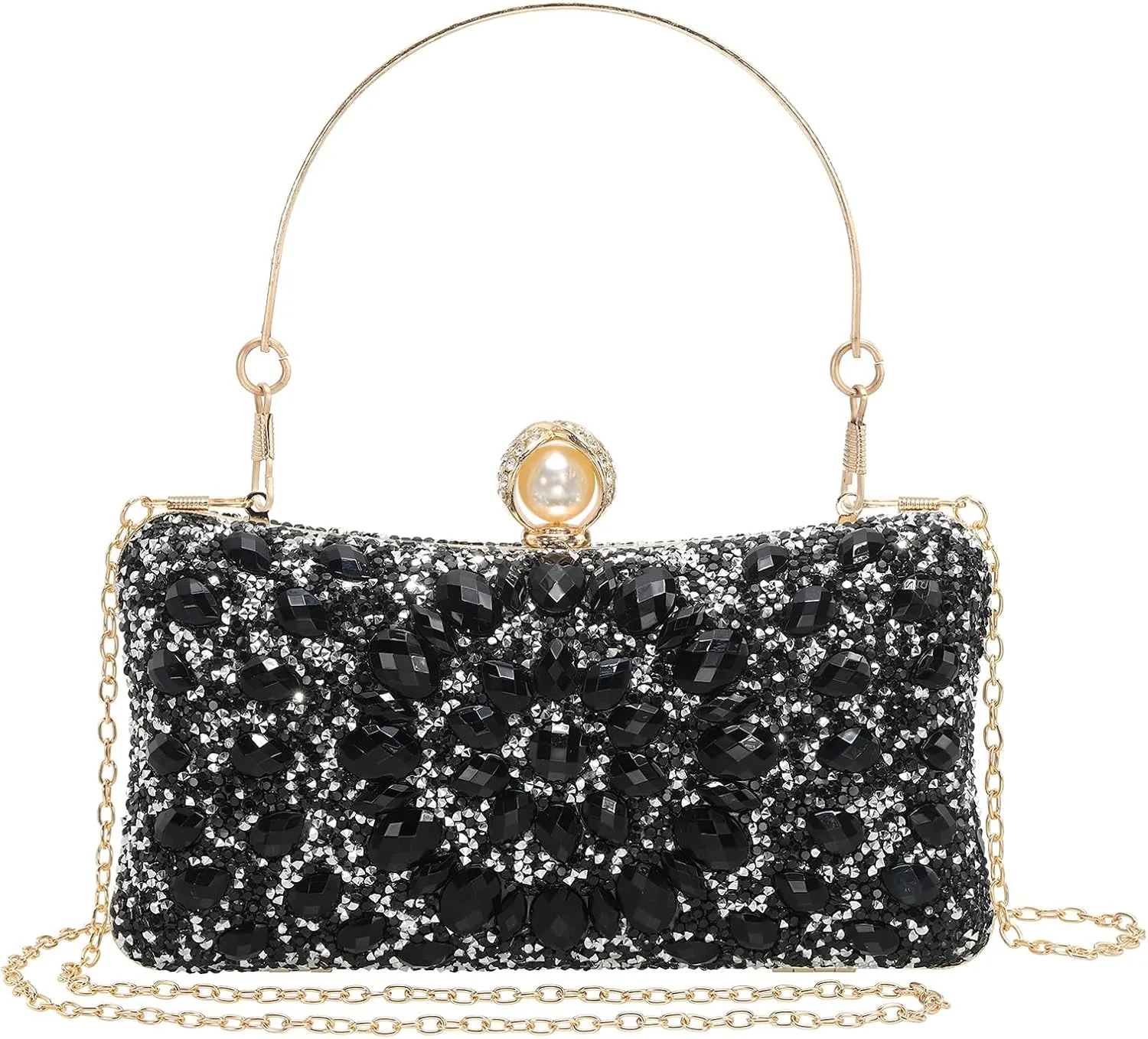 uxcell Evening Bags for Women, Sparkly Crystal Rhinestone Clutch Purse with 2 Chain Straps Handbags for Wedding Party Evening Weekend, Black
