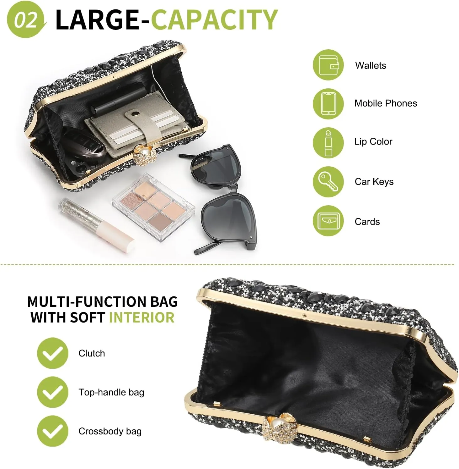 uxcell Evening Bags for Women, Sparkly Crystal Rhinestone Clutch Purse with 2 Chain Straps Handbags for Wedding Party Evening Weekend, Black