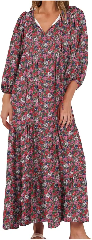 Vacation Dresses for Women 2024 Trendy 3/4 Sleeve Tie V Neck Tiered Ruffle Maxi Dress Causal Loose Long Sleeve Dress