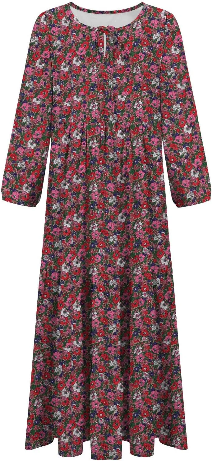 Vacation Dresses for Women 2024 Trendy 3/4 Sleeve Tie V Neck Tiered Ruffle Maxi Dress Causal Loose Long Sleeve Dress