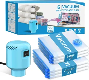 Vacuum Seal Bags for Clothing Travel, 6 Pack Space Saver Vacuum Storage Bags with Electric Pump,Portable Compression Sealer for Clothes, Blankets, Bedding & Travel,Good for Storage and Organization