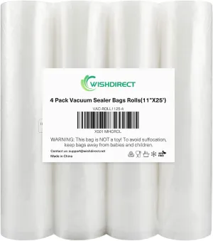 Vacuum Sealer Bags Rolls Compatible with FoodSaver 4-Pack 11" x 25' Vacuum Seal Rolls Fit Inside Machine Double-Side Embossed BPA-Free Bags for Sous Vide or Food Storage (Total 100 Feet)