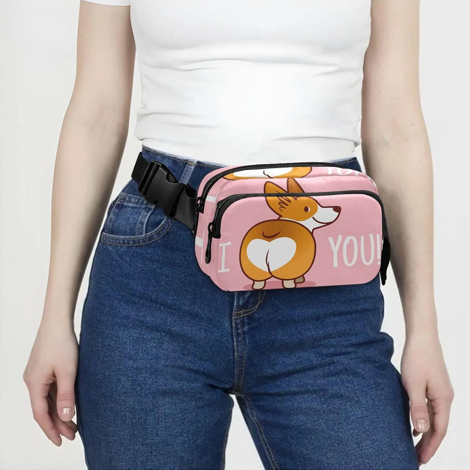 Valentine's Day Fanny Pack Crossbody Bags for Women Men Cute Corgi Belt Bag Waterproof Fashion Waist Packs Unisex with Adjustable Strap for Running Workout Travel Hiking Cycling