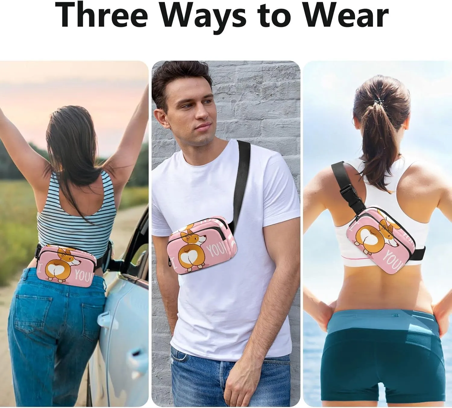 Valentine's Day Fanny Pack Crossbody Bags for Women Men Cute Corgi Belt Bag Waterproof Fashion Waist Packs Unisex with Adjustable Strap for Running Workout Travel Hiking Cycling