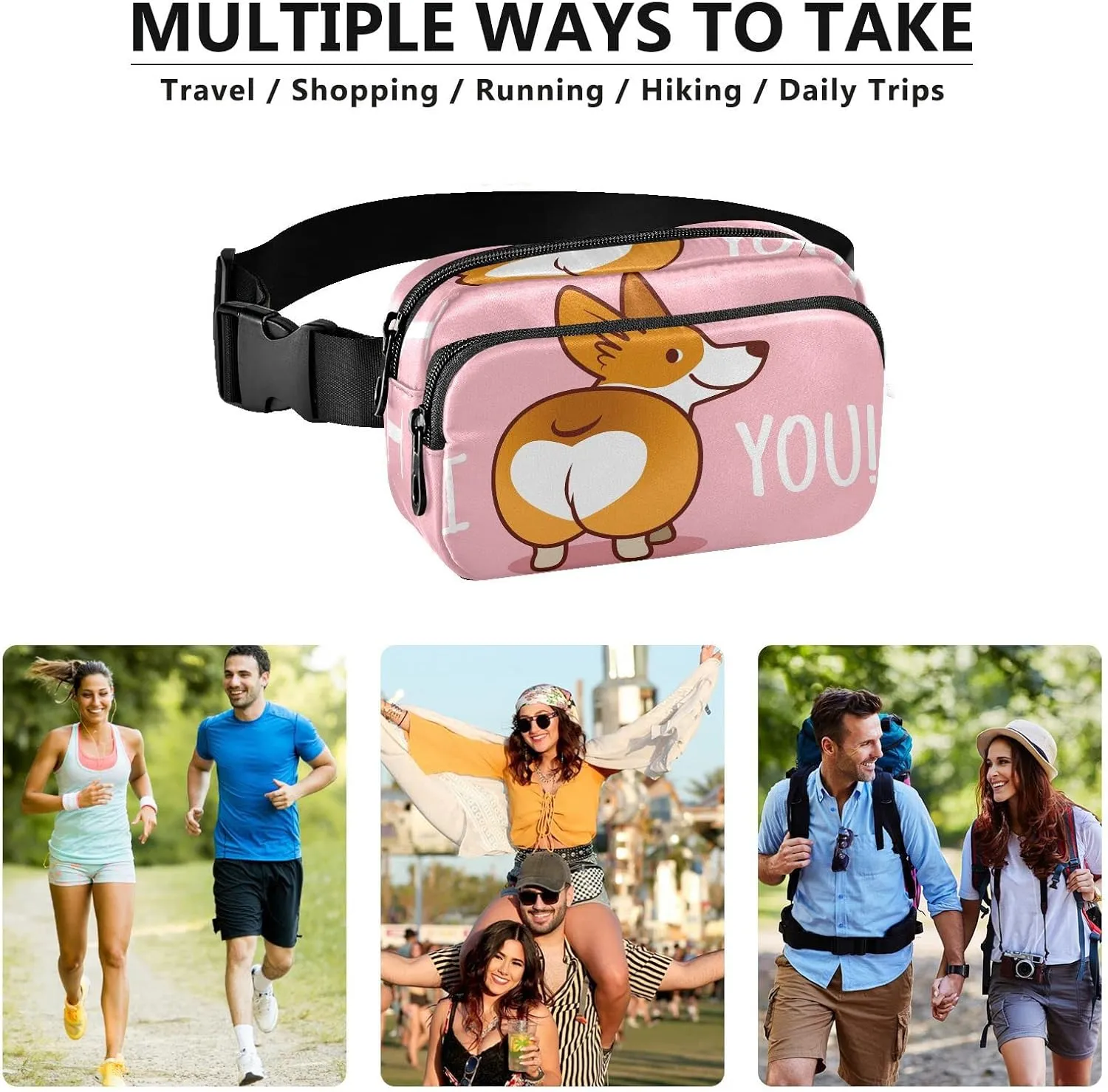Valentine's Day Fanny Pack Crossbody Bags for Women Men Cute Corgi Belt Bag Waterproof Fashion Waist Packs Unisex with Adjustable Strap for Running Workout Travel Hiking Cycling