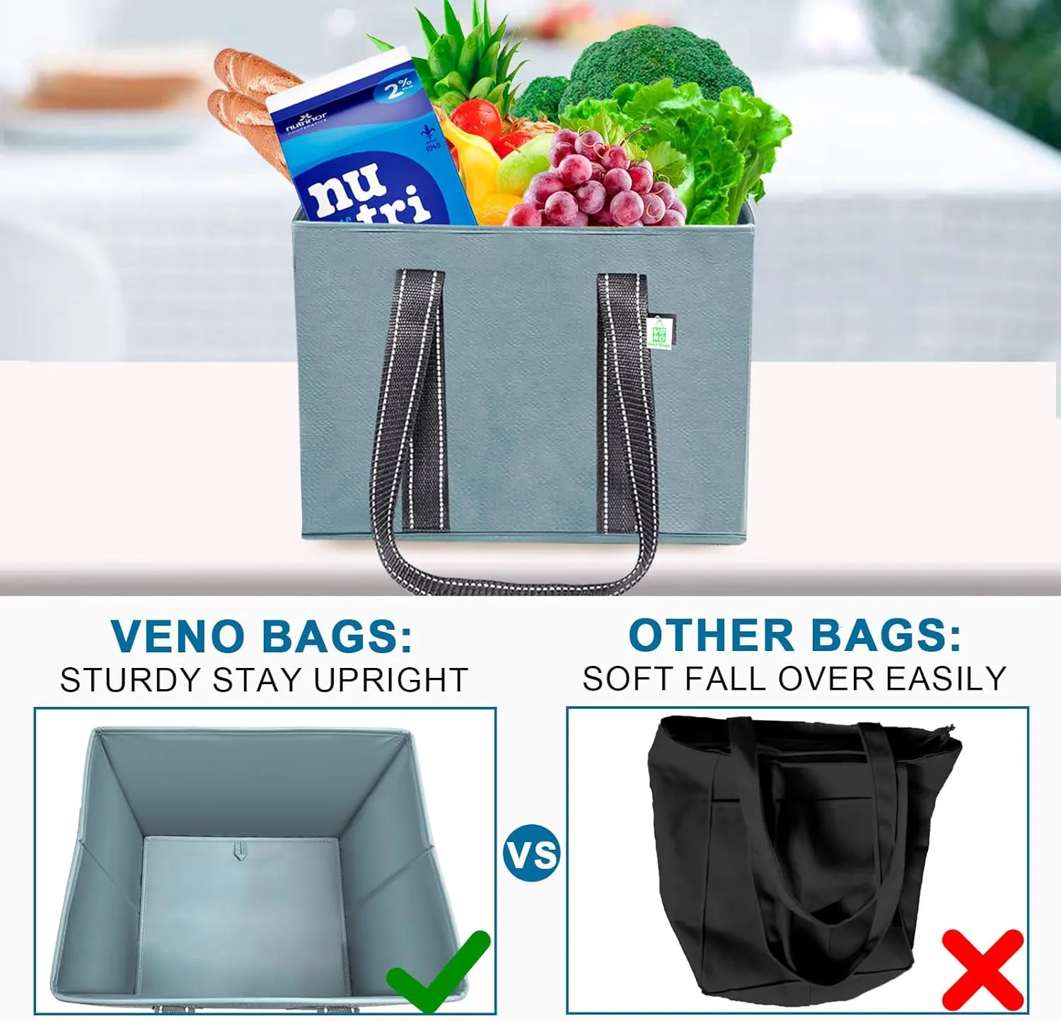 VENO 3 Pack Reusable Grocery Bags, Shopping Bags for groceries, Utility Tote with Handles and Hard Bottom, Foldable Shopping Cart Organizer, Water Resistant, Heavy-Duty (Light Blue, 6 Gallon)