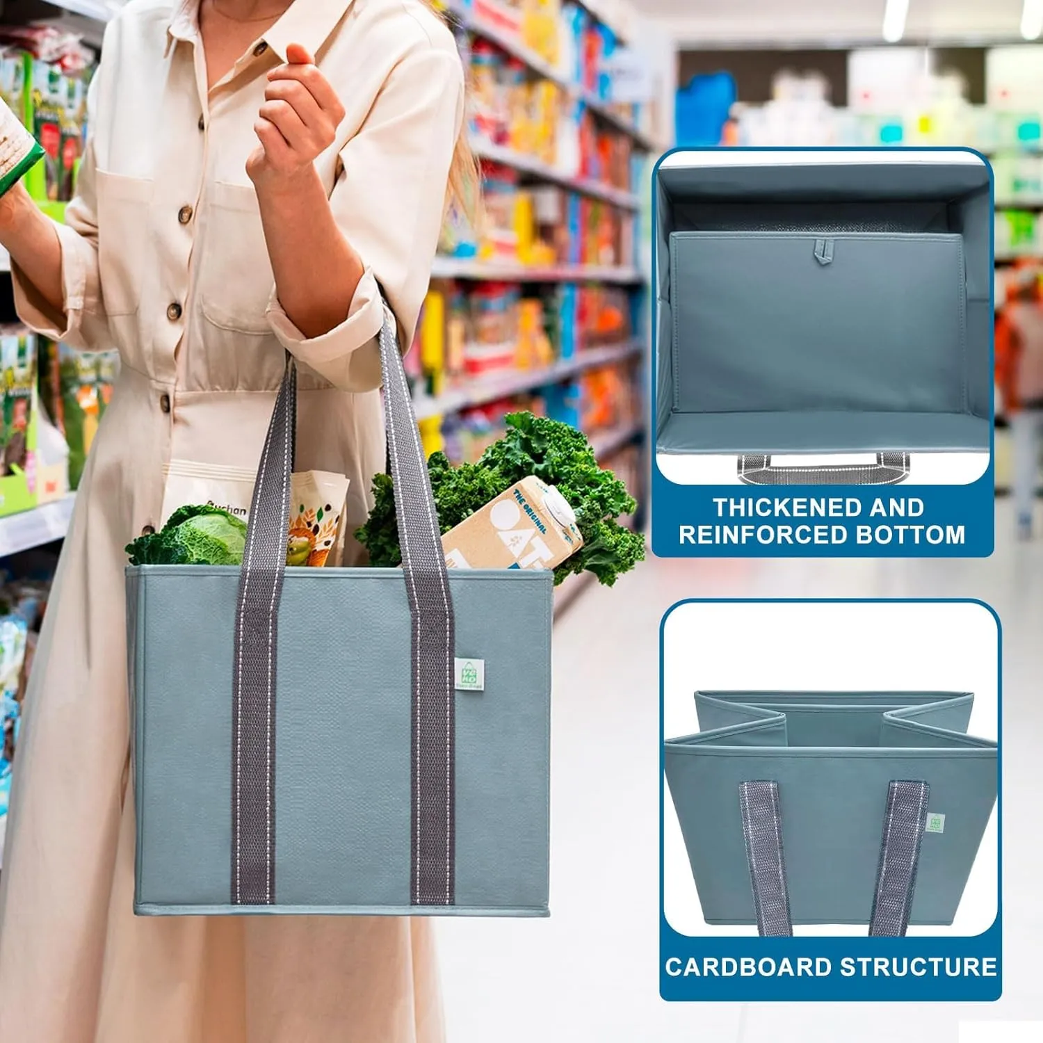 VENO 3 Pack Reusable Grocery Bags, Shopping Bags for groceries, Utility Tote with Handles and Hard Bottom, Foldable Shopping Cart Organizer, Water Resistant, Heavy-Duty (Light Blue, 6 Gallon)