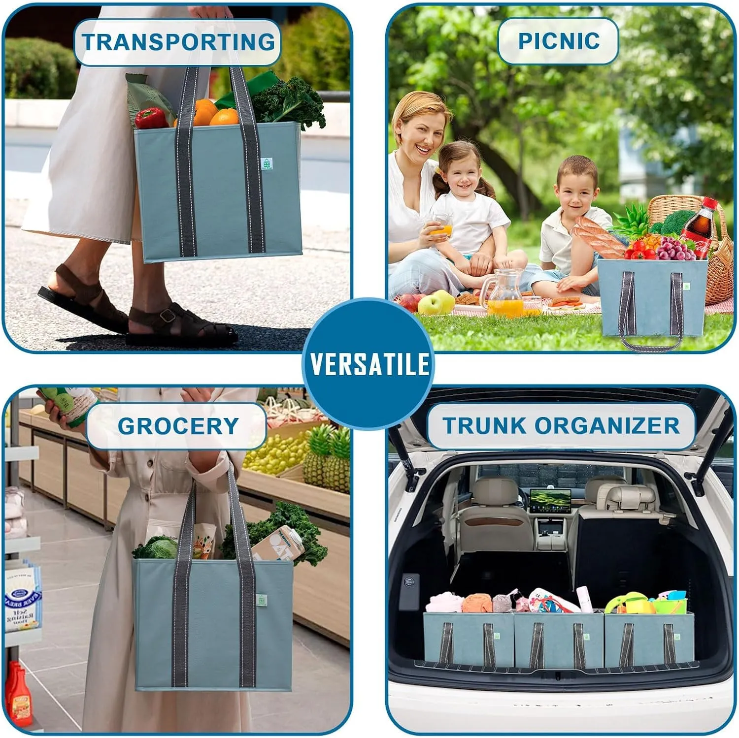 VENO 3 Pack Reusable Grocery Bags, Shopping Bags for groceries, Utility Tote with Handles and Hard Bottom, Foldable Shopping Cart Organizer, Water Resistant, Heavy-Duty (Light Blue, 6 Gallon)