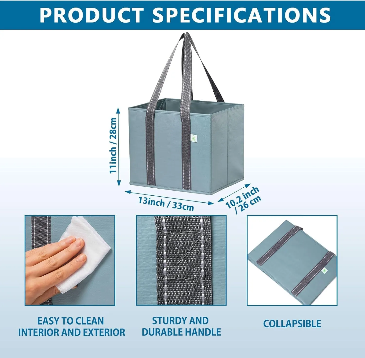 VENO 3 Pack Reusable Grocery Bags, Shopping Bags for groceries, Utility Tote with Handles and Hard Bottom, Foldable Shopping Cart Organizer, Water Resistant, Heavy-Duty (Light Blue, 6 Gallon)